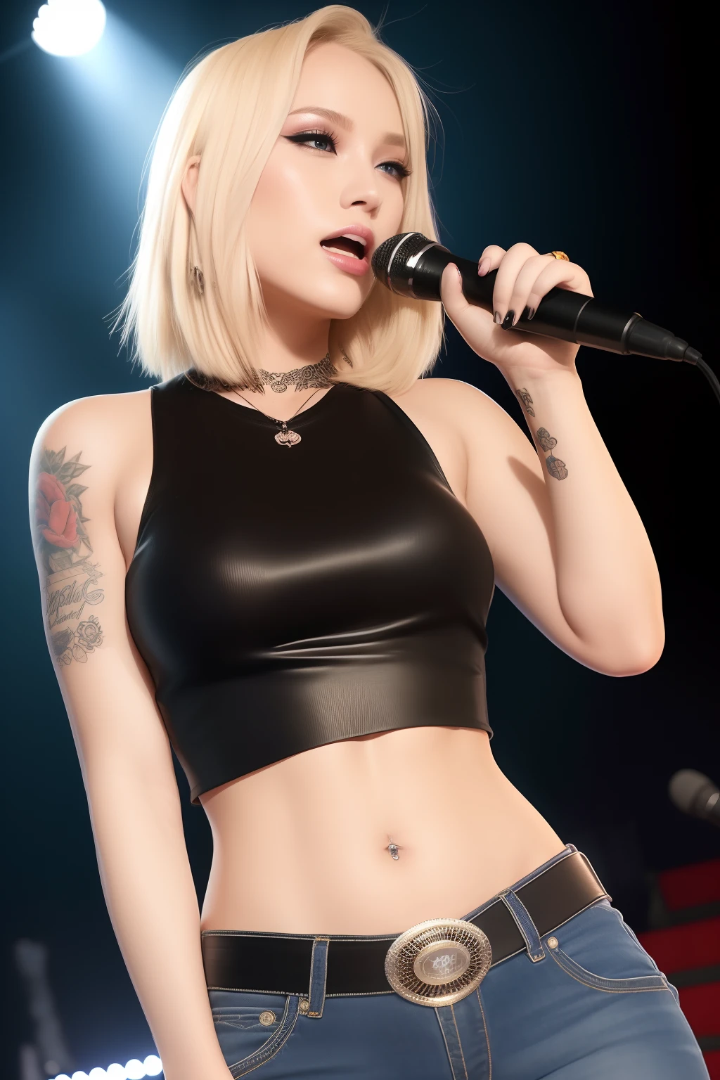 Miley Cyrus, sexy pose, huge tits, colorful hair, pony tail, sexy, on a stage