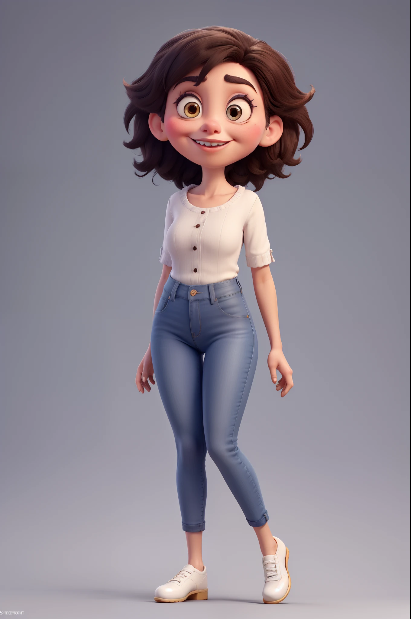 Cartoon Caricature, Adorable, (((Disney Makeup))),Big Eyes Girl, Smileing,whitebackground, Her hands are in graceful ballet mode, Wear long jeans and shoes, small ears;;;;, Full body, intense colors, Very valuable details, complex details, volumetric lighting, digital art, 8k, trending on Artstation, Clear focus, complex details, highly detail, Greg Rutkowski Big Eyes, high-resolution,