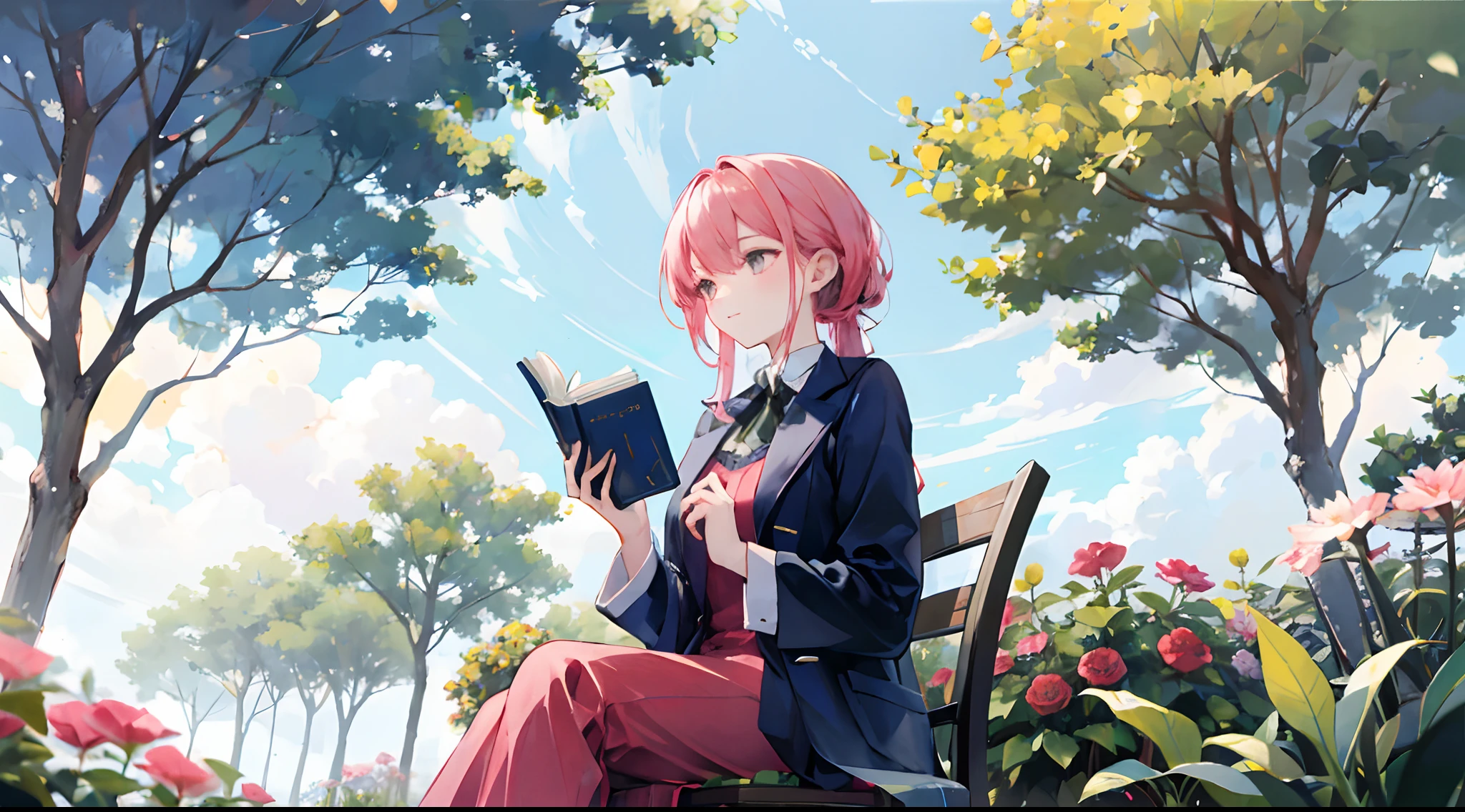 Inside the beautiful garden, there was a woman sitting quietly under the tree with long pink hair tied elegantly, her purple eyes looked so serene, she was holding a book while daydreaming towards the sky.