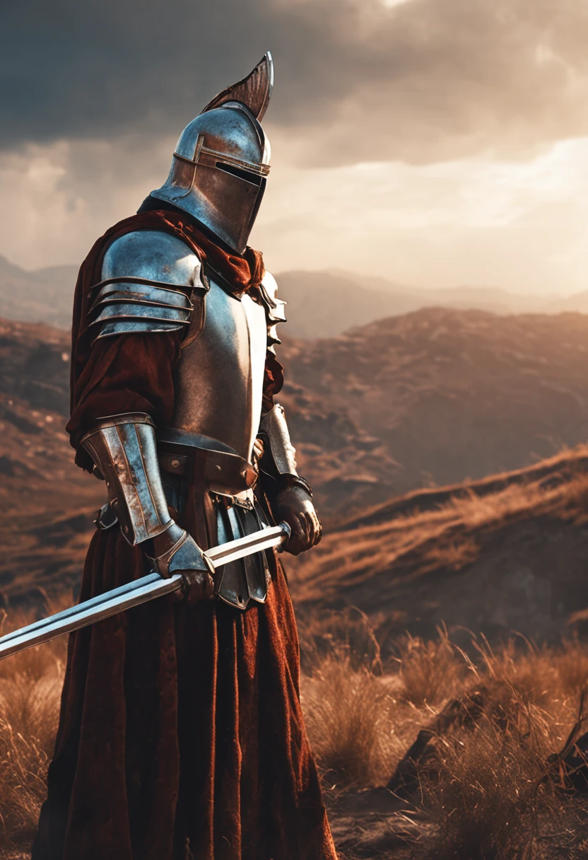 Royal Knights,Gorgeous heavy armor wraps the whole body,Point the Knight's Sword to the sky,sportrait,closeup cleavage,Solemn,flatchest,modest,humble,Cinematic, hdr, primitive, Intricate, High quality, Gorgeous shades, Intricate details, super-fine,oc rendered