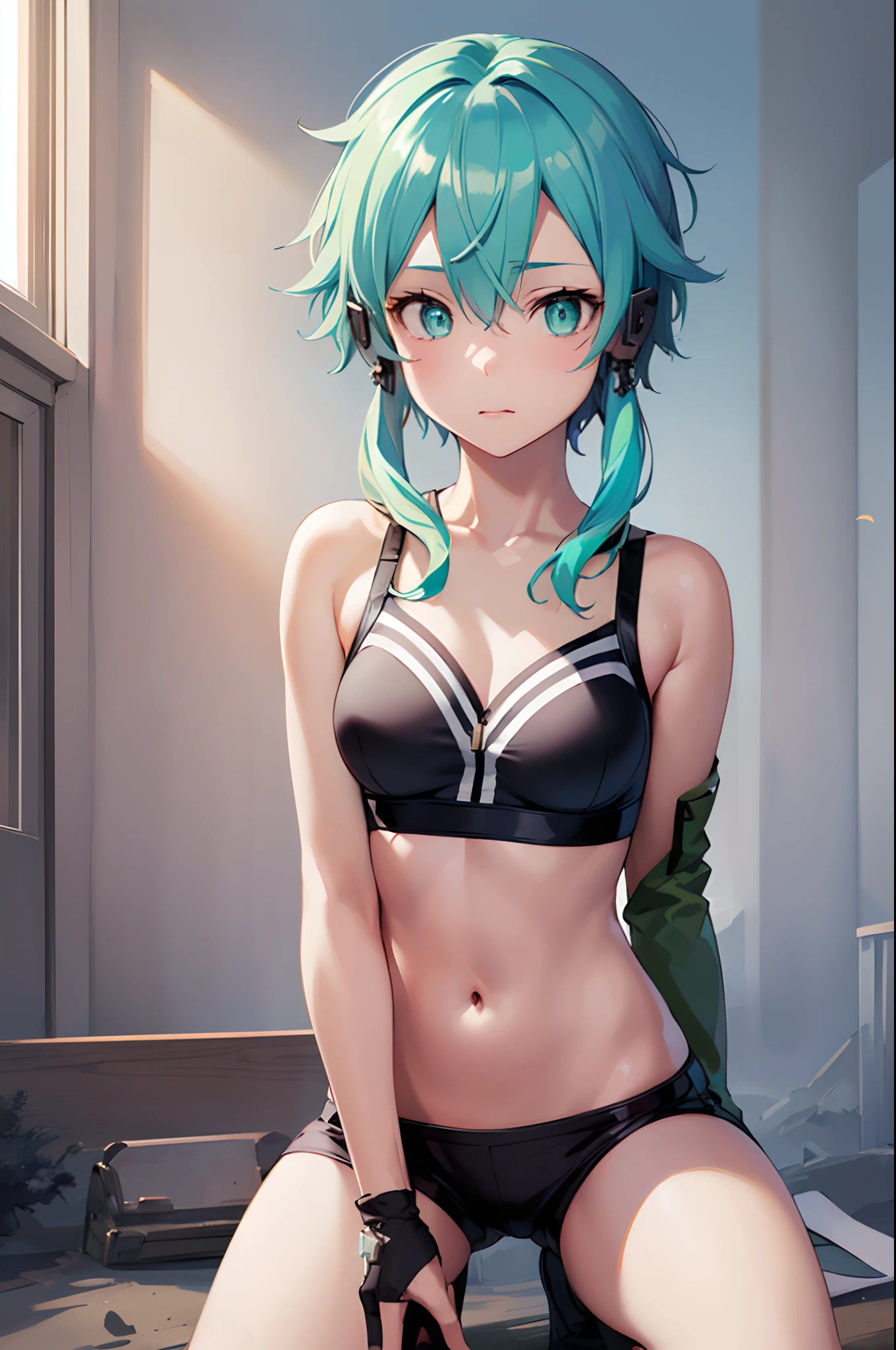 (masutepiece:1.5), the Extremely Detailed CG Unity 8K Wallpapers,(Realistic,Photorealsitic,hyper realisitic:1.5),(Petite,Curve,modeled,glamor:1.5),(Double eyelids,beautifully detailed eyes、Eyes Like Gems、radiant eyes:1.4),Well-formed face,beautiful countenance,face perfect,Well-proportioned body,Beautiful breasts,Farbe_aberration,beautiful detailed shadow,Beautiful eyes,Beautiful body,Beautiful skin,beautifull hands,(Medium_breasts:1.4),(in a house,Bedroom:1.4)、(Black Sports Bra:1.3),embarrassed,(Kneel:1.3),(Light blue green hair:1.5), masterpiece、top-quality、Hi-Res、1girl in、sinon1、Fingerless gloves、shortpants、hair adornments、hair clips、Green Neeso、cowboy shot、