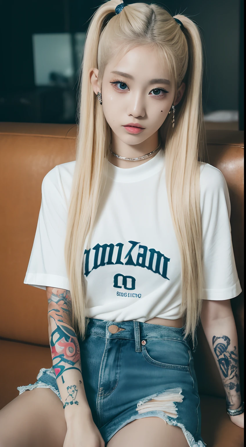 4K、top-quality、masutepiece、 18-year-old woman who is half American and half Japan、Face like an idol、a blond、High Long Twin Tail、White long with logoＴThe shirt、((Tattoos all over the body)) 、a miniskirt、Sit on the sofa、