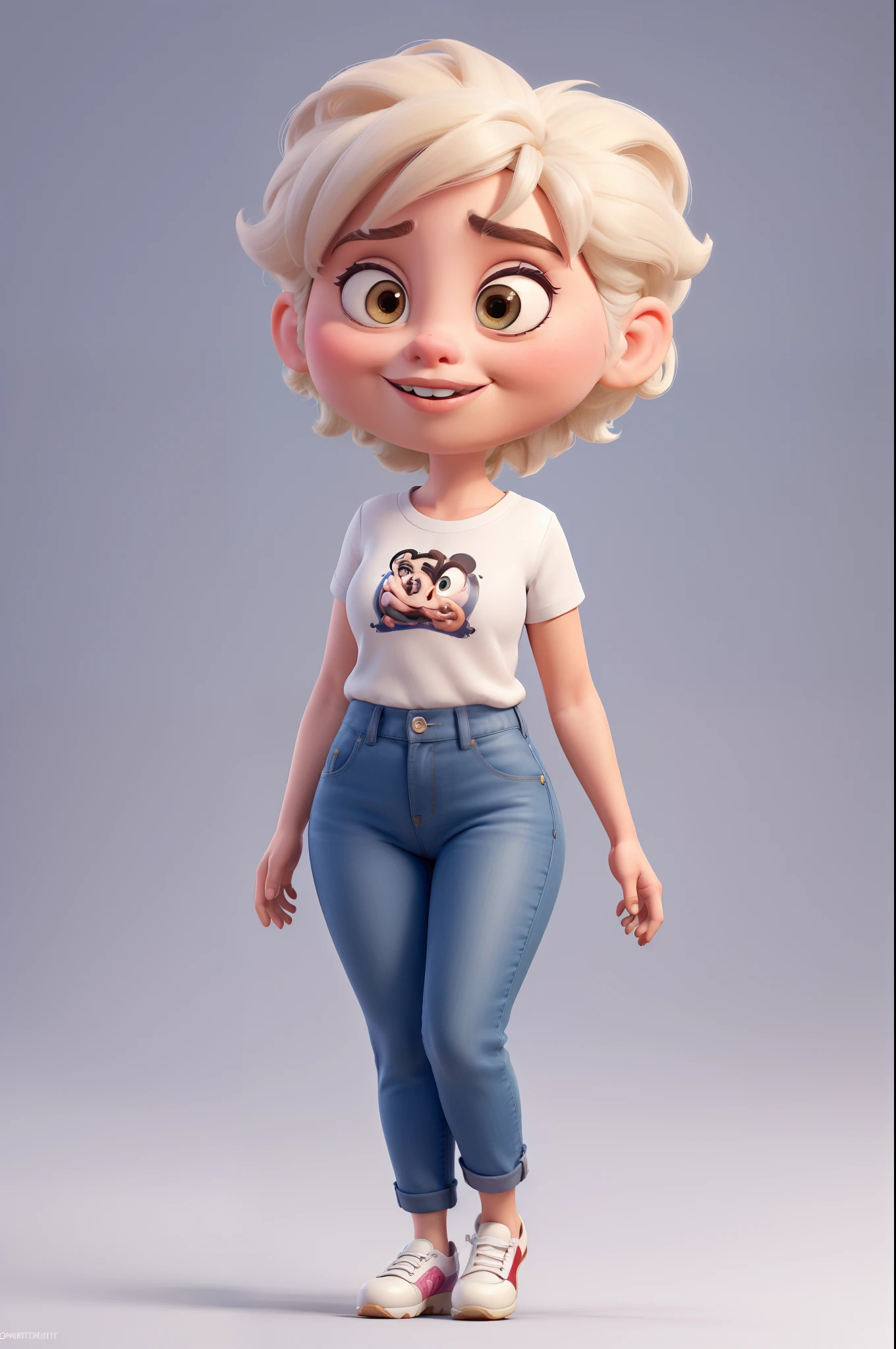 Cartoon Caricature, Adorable, ((Disney Makeup)),Big Eyes Girl, Smileing,whitebackground, Her hands are in graceful ballet mode, Wear long jeans and shoes, small ears;;;;;, Full body,  intense colors, Very valuable details, complex details, volumetric lighting, digital art, 8k, trending on Artstation, Clear focus, complex details, highly detail, Greg Rutkowski Big Eyes, high-resolution, chubby