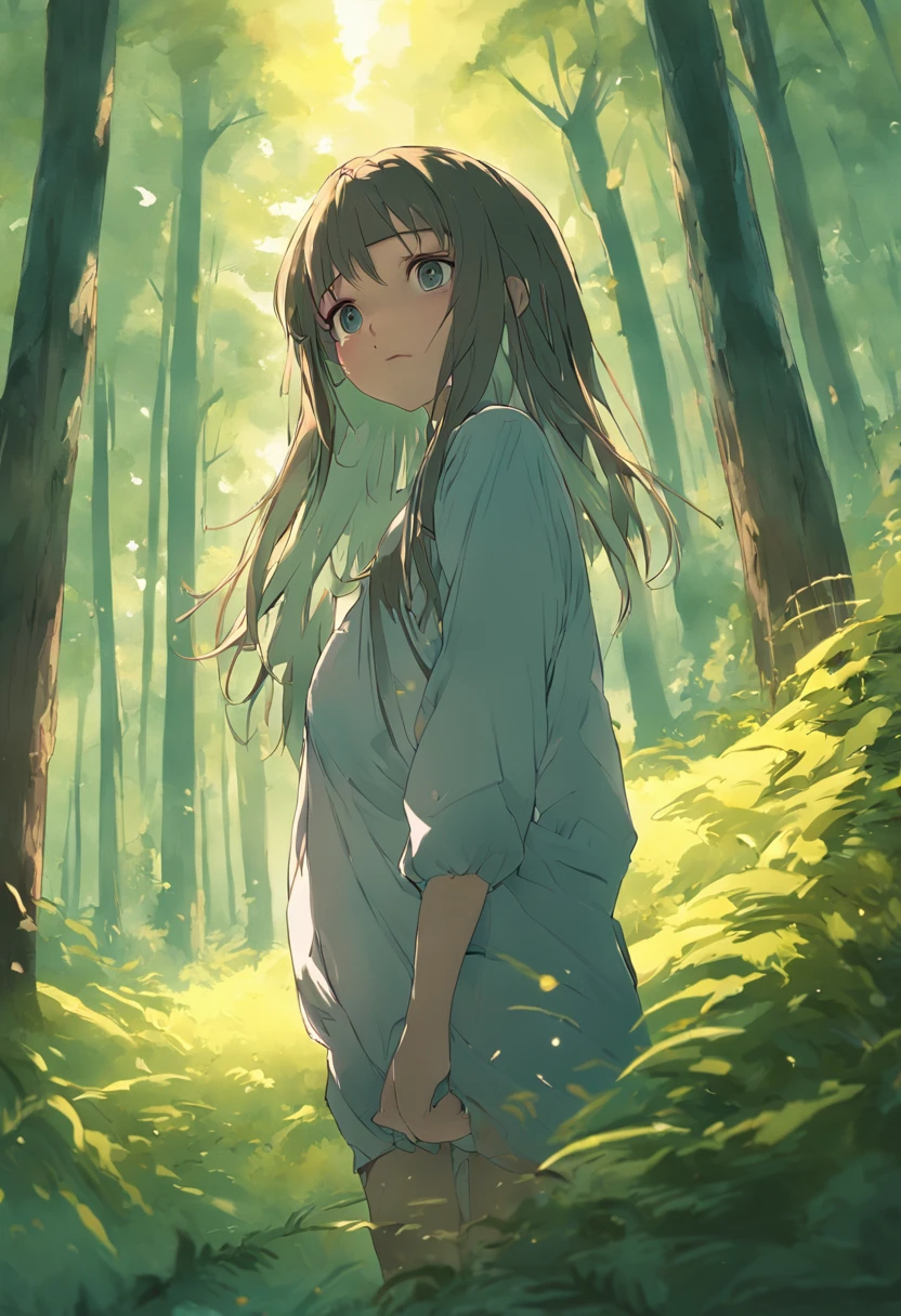 Una mujer joven de pie en el bosque, cuerpo perfecto, Cara perfecta, sonriente, ojos perfectos, 4k