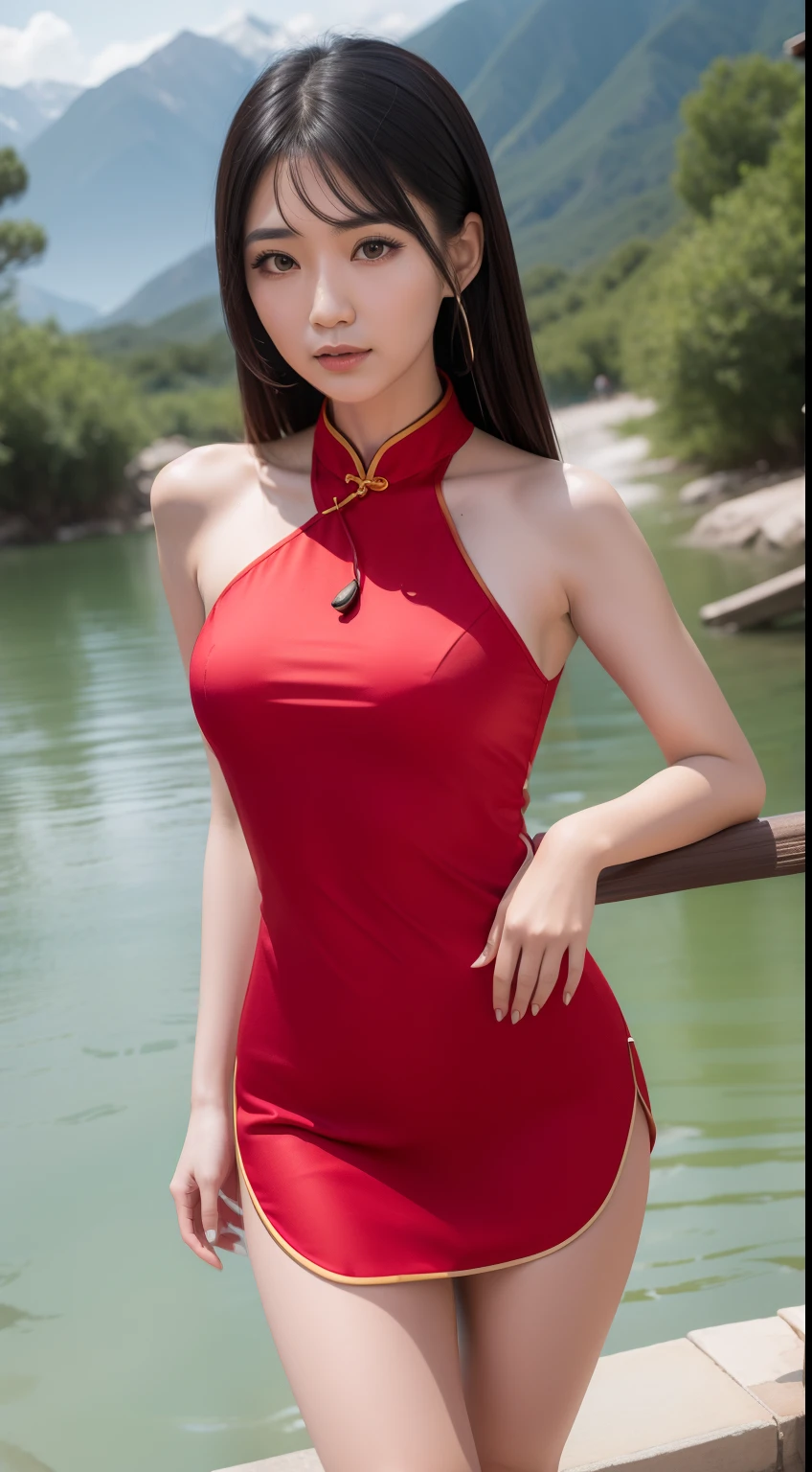 Ultra HD face,1 woman,Red cheongsam beauty, beautiful face,Slender thin legs,Outdoors there are mountains and water,stocklings