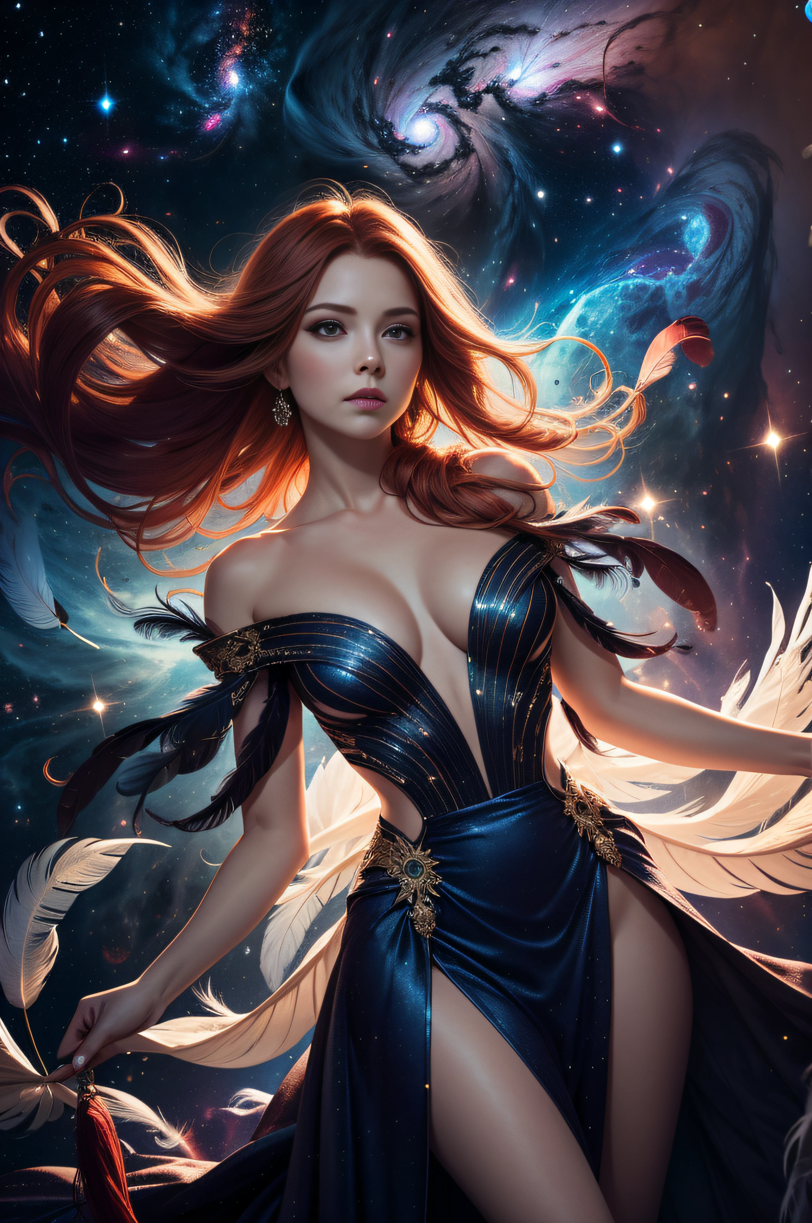 professional photo of a solo redhead woman floating (in space)+, ornate feather gown, long (flowing feathers)+, long flowing hair, detailed face, ambient lighting, dynamic motion, (nebula background)+