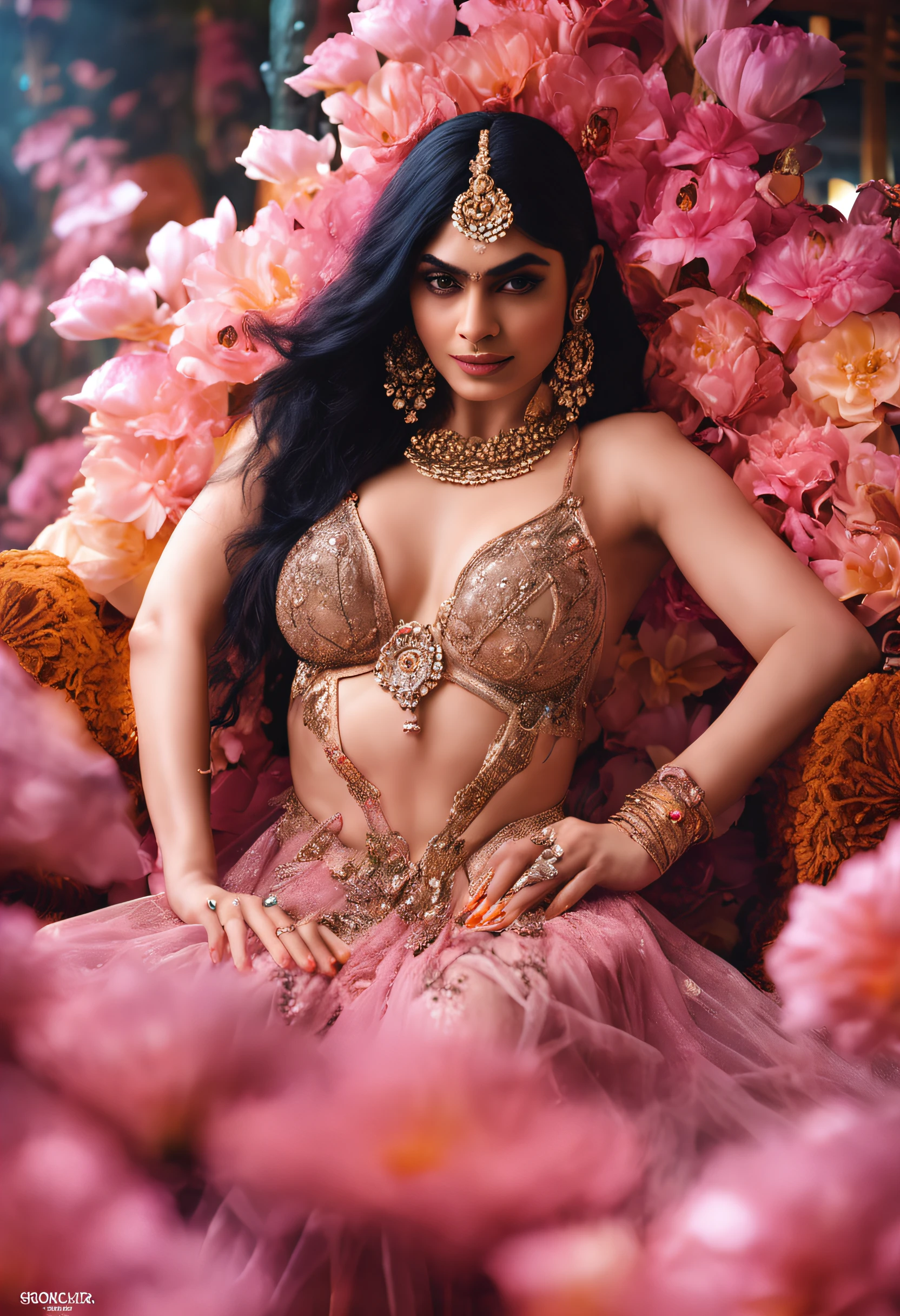 film actress big boobie adah sharma in a fantasy flowers garden she laying on a golden throne, realistic neon eyes, wearing a sexy transparent realistic lingerie, huge jwellery, curvy body, big breast, large cleavage, low lighting, colourfull, sharpen, 70mm lens, f/1.8, accent lighting, global illumination, --uplight --4, 8K