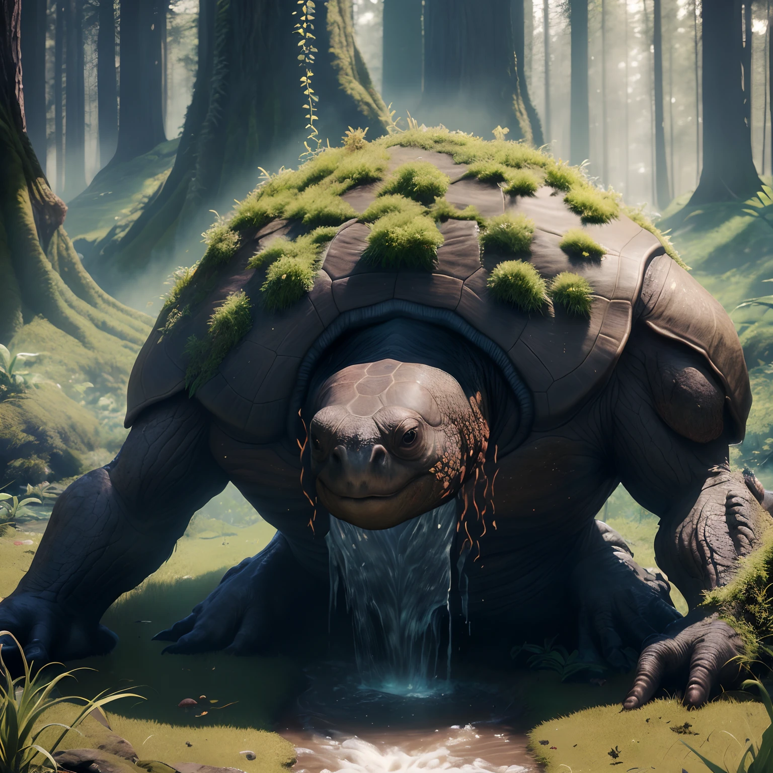 There is a turtle that is sitting on the grass near a waterfall, realistic fantasy rendering, arte conceitual altamente realista, rolands zilvinskis 3d render art, Arte de fantasia 4k, tardigrade statue in the forest, Papel de parede de arte conceitual 4K, aventura render hiper realista, arte conceitual ultra realista, Arte de fantasia 8k, No estilo de arte de Filip Hodas