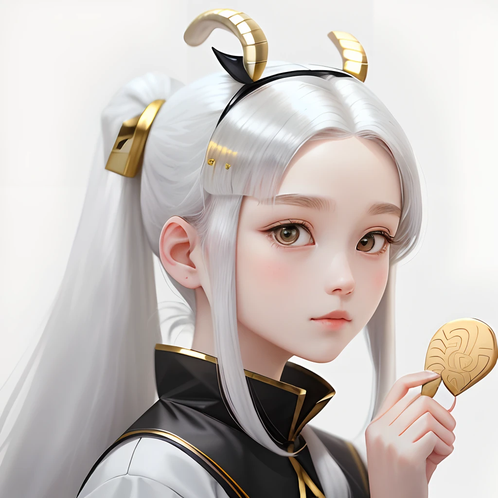 with a pure white background,double-ponytail,Silvery hair,Gold pick dye,Kizi,adolable,Two-dimensional QQ people,Minimalist Q version,Lamb ears
