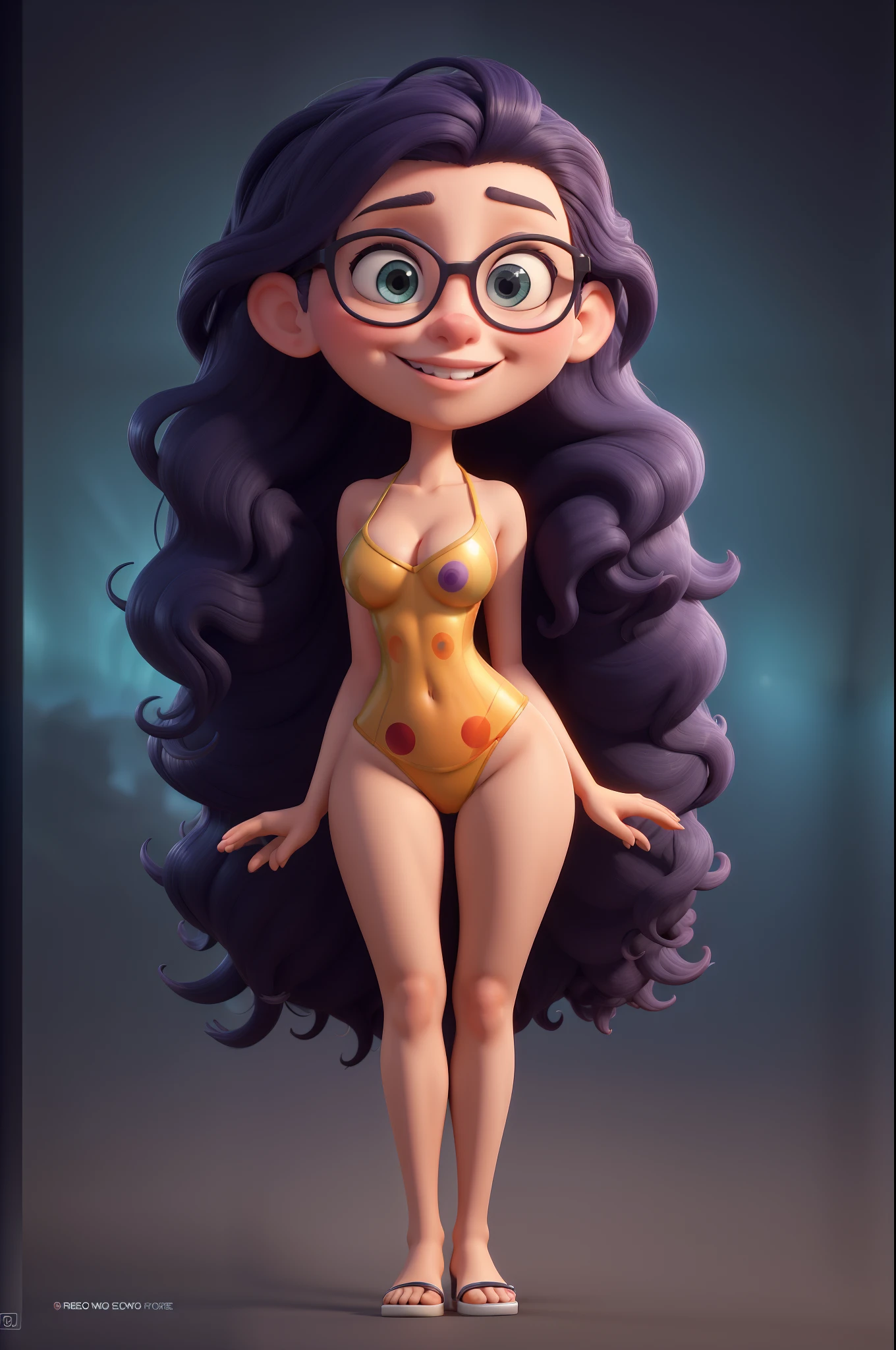 Cartoon Caricature, Adorable, Woman,big-eyed woman, Smileing,In the Night,Her hands are behind her........, Full body,Swimming suit , Sunset,Shades,intense colors, Very valuable details, complex details, volumetric lighting, digital art, 8k, trending on Artstation, Clear focus, complex details, highly detail, Greg Rutkowski Big Eyes, high-resolution,beautiful hair,looking at the scenes,Ideal Women's Body
