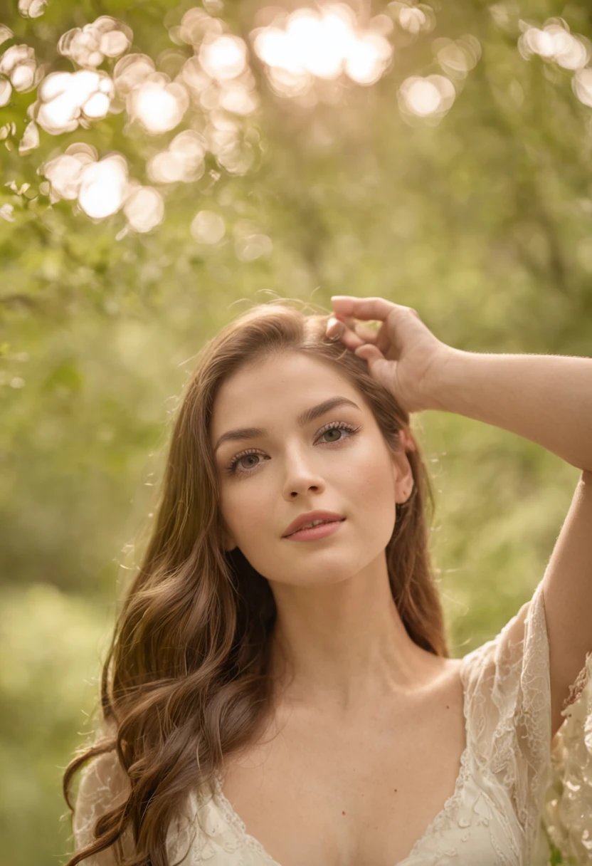 Una mujer joven de pie en el bosque, cuerpo perfecto, Cara perfecta, sonriente, ojos perfectos, 4k