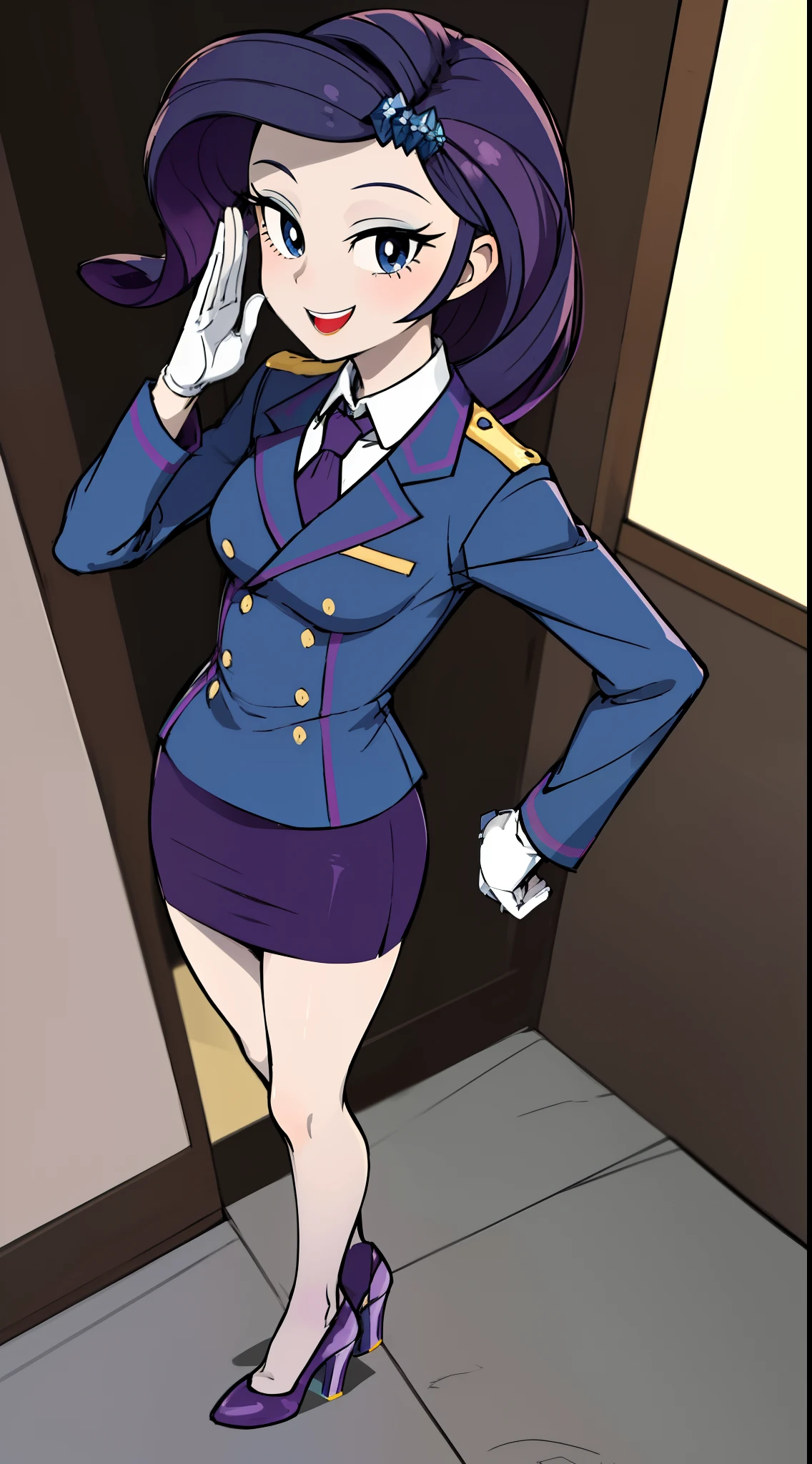 masterpiece,best quality,1girl,solo,mlprarity,colored skin,hair ornament,purple hair,blue eyes,military uniform,blazer, pencil skirt, high heels, standing at attention, straight back, saluting, full body, smile