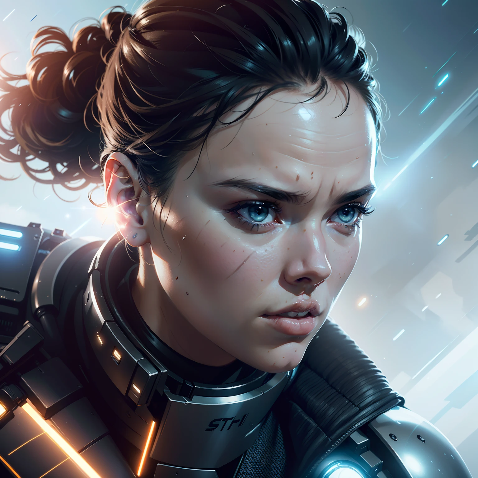 a close up action shot of epic Sci fi Hot Daisy Ridley, Detailed clothing details, Liquid effect, space, Interstellar battlefield photography, natural light, photorealism, cinematic rendering, ray tracing, the highest quality, the highest detail, Cinematic, Third-Person View, Blur Effect, Long Exposure, 8K, Ultra-HD, Natural Lighting, Moody Lighting, Cinematic Lighting