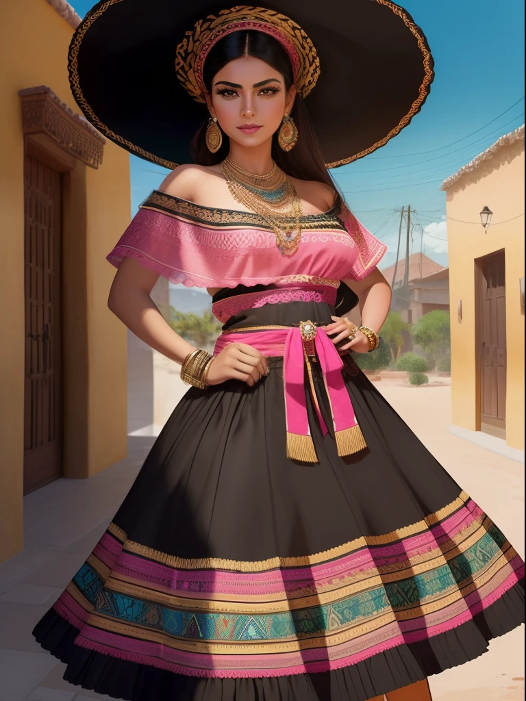 ((Masterpiece - Illustrations - Detailed - Best Quality)) - classic 50s Style - Alexander Gunin Style - insanely beautiful Mexican Woman - Aztec - Long Waiver Black Hair - Dark Brown Skin - pristine hazel eyes - Absolute Stunning Look - Traditional Wear Mexican clothing - pink Mexican skirt - sash at waist and abdomen - closed huaraches - gold bracelets, earrings and necklaces - imposing presence - flower petals in the environment - happy attitude - small Mexican village as the background.