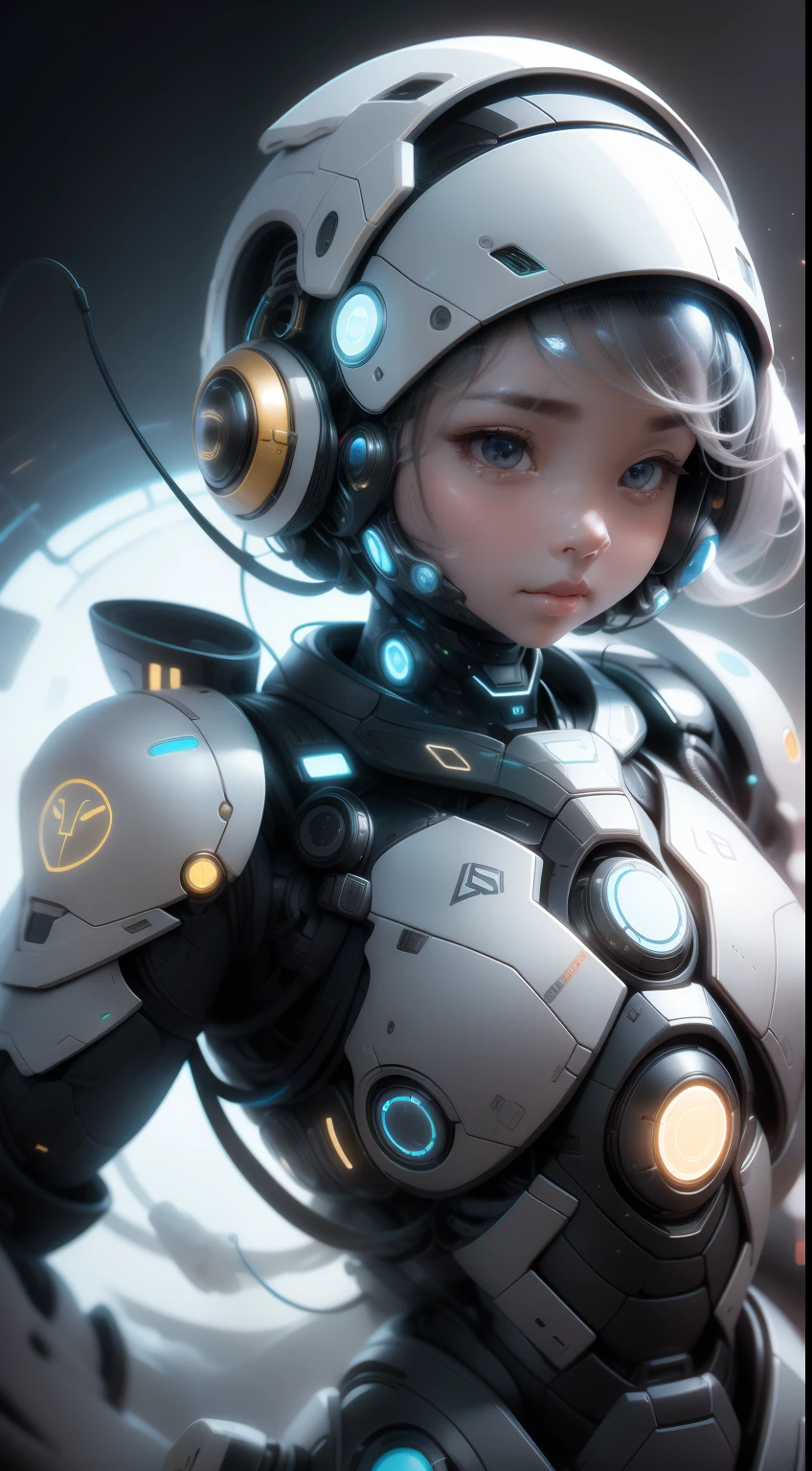 masterpiece, best quality, 1girl, spacecraft interior, spacesuit, upper body, from side, science fiction, yellow eyes, twintails, silver hair, cat ears, looking at viewer,
