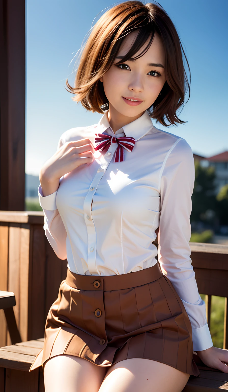 (8k, RAW photo, best quality, masterpiece:1.2), (realistic, photo-realistic:1.37), ultra-detailed,
1 girl,cute, solo,beautiful detailed sky,detailed cafe,night,sitting,dating,(nose blush),(smile:1.1),(closed mouth),large breasts, seductive smile, large aparture, professional lighting, Sony A7R4, Zessie 50mm F1.8,
medium breasts,beautiful detailed eyes,(collared shirt:1.1), bowtie,pleated skirt,(short hair:1.2),floating hair