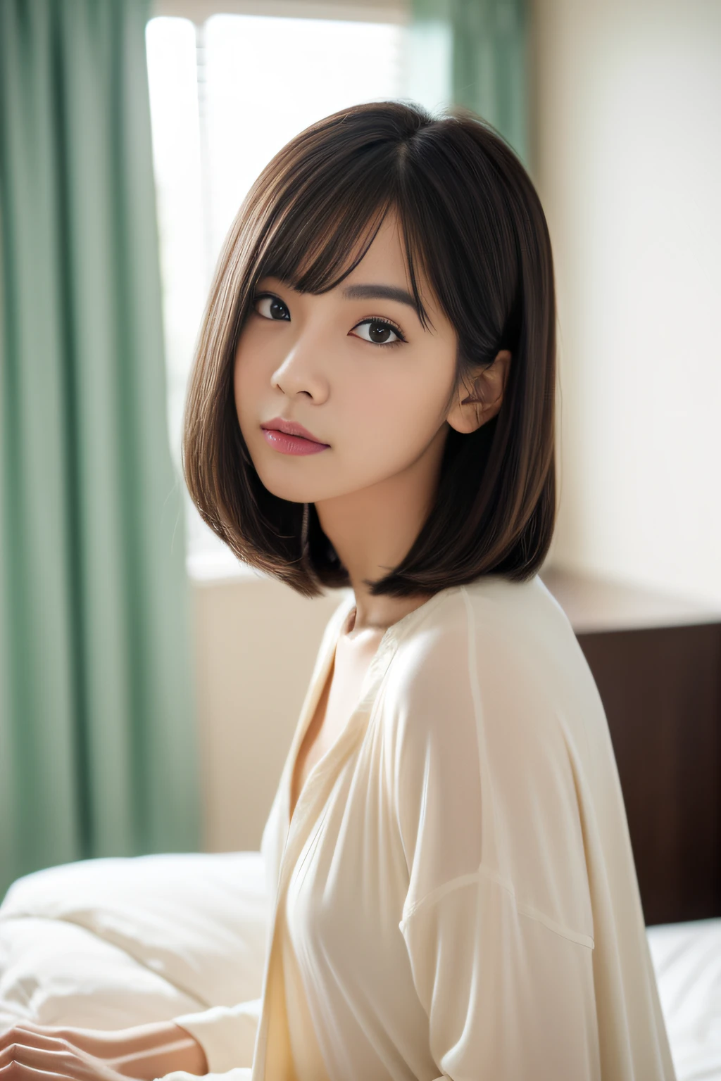 (Top Quality, Masterpiece:1.3, Ultra High Resolution,),(Highly Detailed, Caustics),(Photorealistic:1. 4, RAW Shooting,) Ultra Realistic Capture, High Definition, High Resolution 16K suitable for human skin, Natural Skin Texture, Skin tone looks even and healthy, Use natural light and color, Natural skin tone looks even and healthy Uniform and healthy looking, Using natural light and color, One woman, Japanese, Cute, Dark hair, Medium hair, (Depth of field, Chromatic aberration, Wide lighting range, Natural shading), (Night hotel interior lighting: 1. 4), (Hair blowing in wind: 1), Short hair, Outside split edge