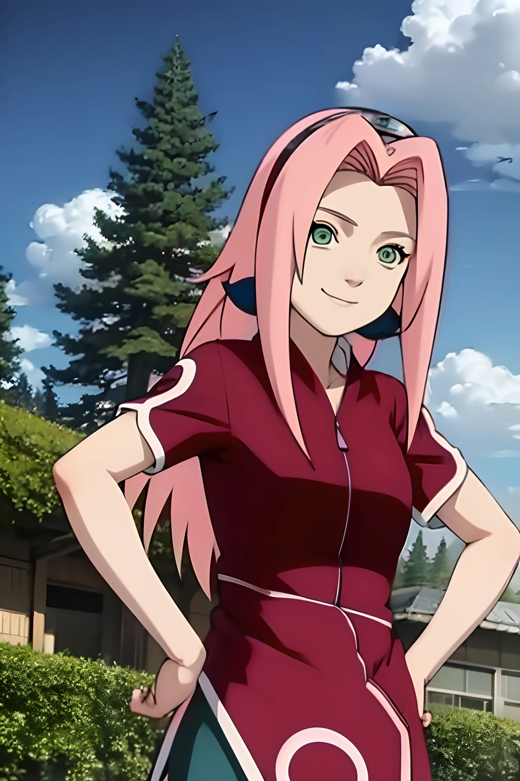 masterpiece, best quality, 1girl,haruno sakura, pink hair, long hair, green eyes, forehead protector, smile, hands on hips, blue sky, cloud, hidden village,