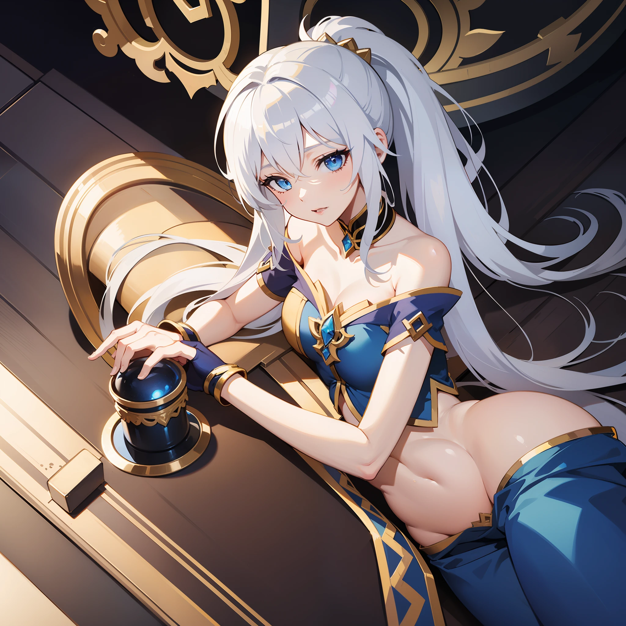 A female Lin character from the grand chase game, very beautiful, Brazilian, silvery white hair, ponytail, blue eyes, light brown skjn, blue low-cut top, short provocative blue shorts with golden details