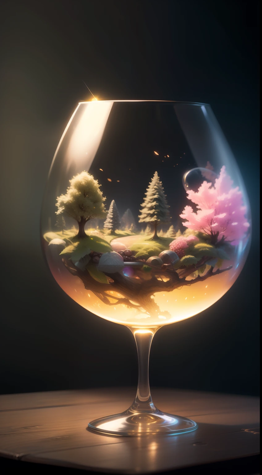 Fantasy forest in a wine glass, neonlight, Realistic, Glow