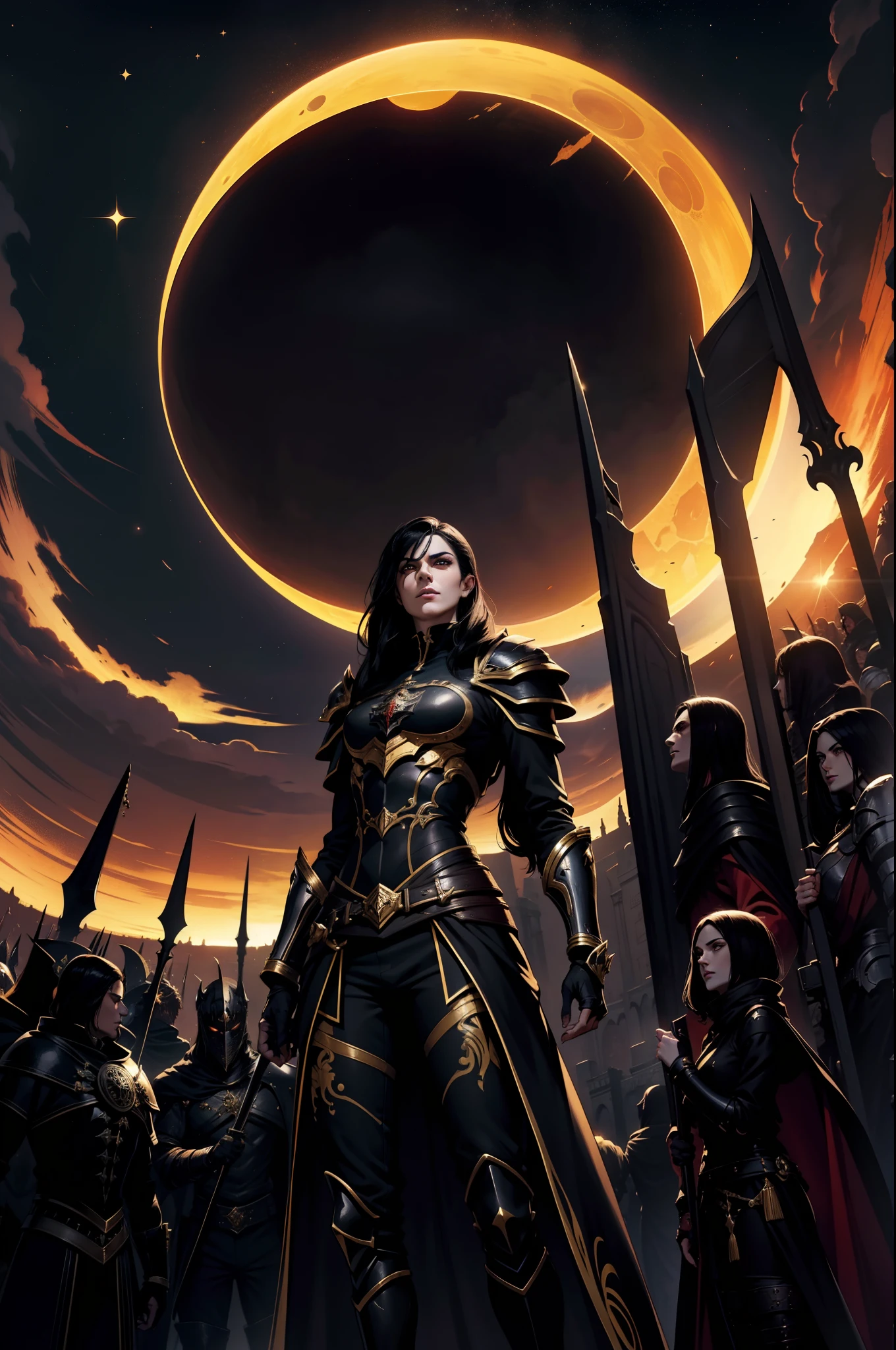 Eclipse, legion of black hair characters, Black and gold Gothic armor, capuz, manto, portal, Magnificent, castelo, portal, armadura com detalhes arcanos, Starry sky with red and black clouds, Magnificent, dramatic scene, 8k, cor amarela dos olhos, roupas detalhadas, guerreiros com capuz, legion of warriors in gothic armor, Dramatic scene involving many people under an eclipse, caminhando nas escadas