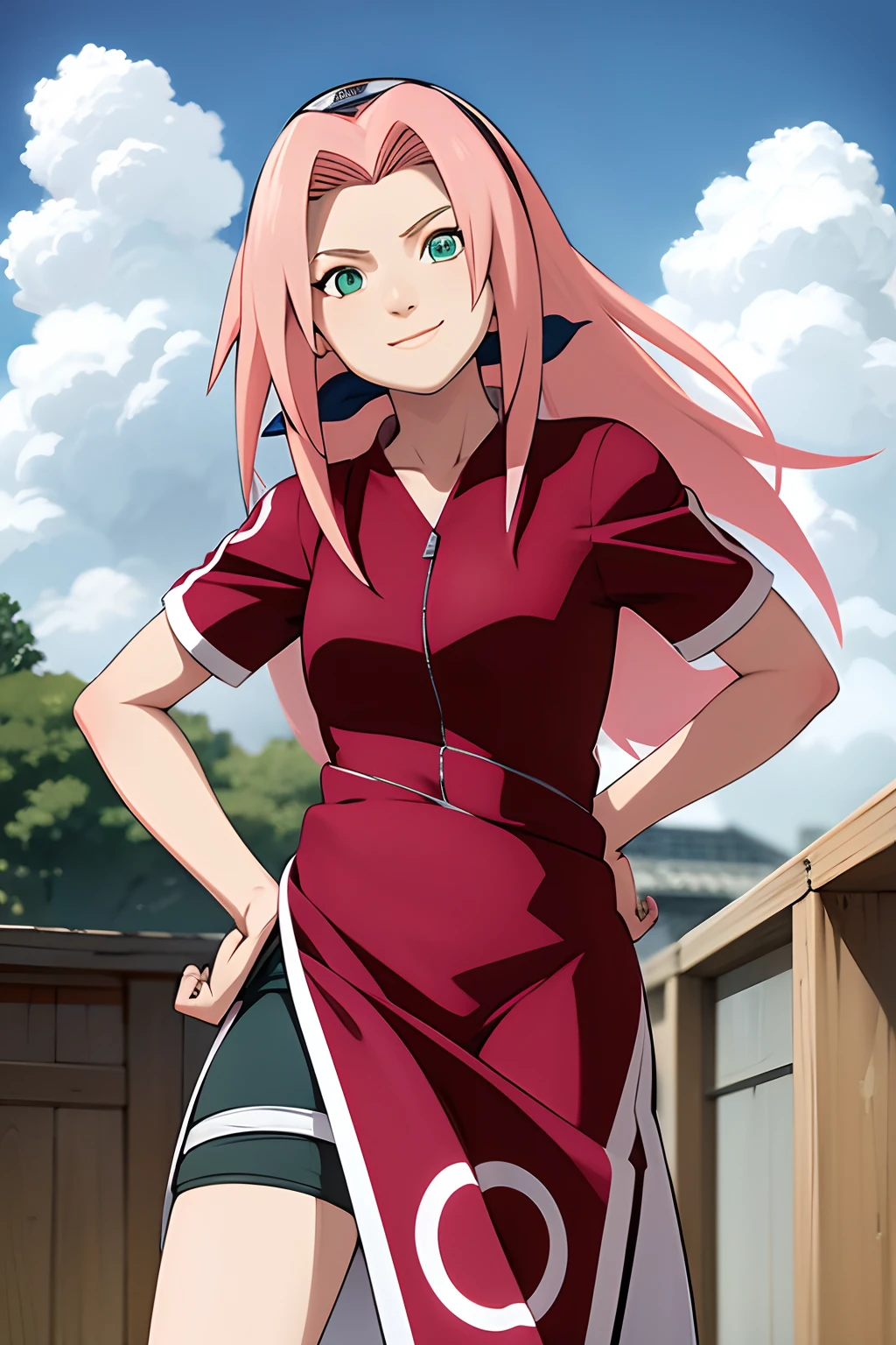 masterpiece, best quality, 1girl,haruno sakura, pink hair, long hair, green eyes, forehead protector, smile, hands on hips, blue sky, cloud, hidden village,