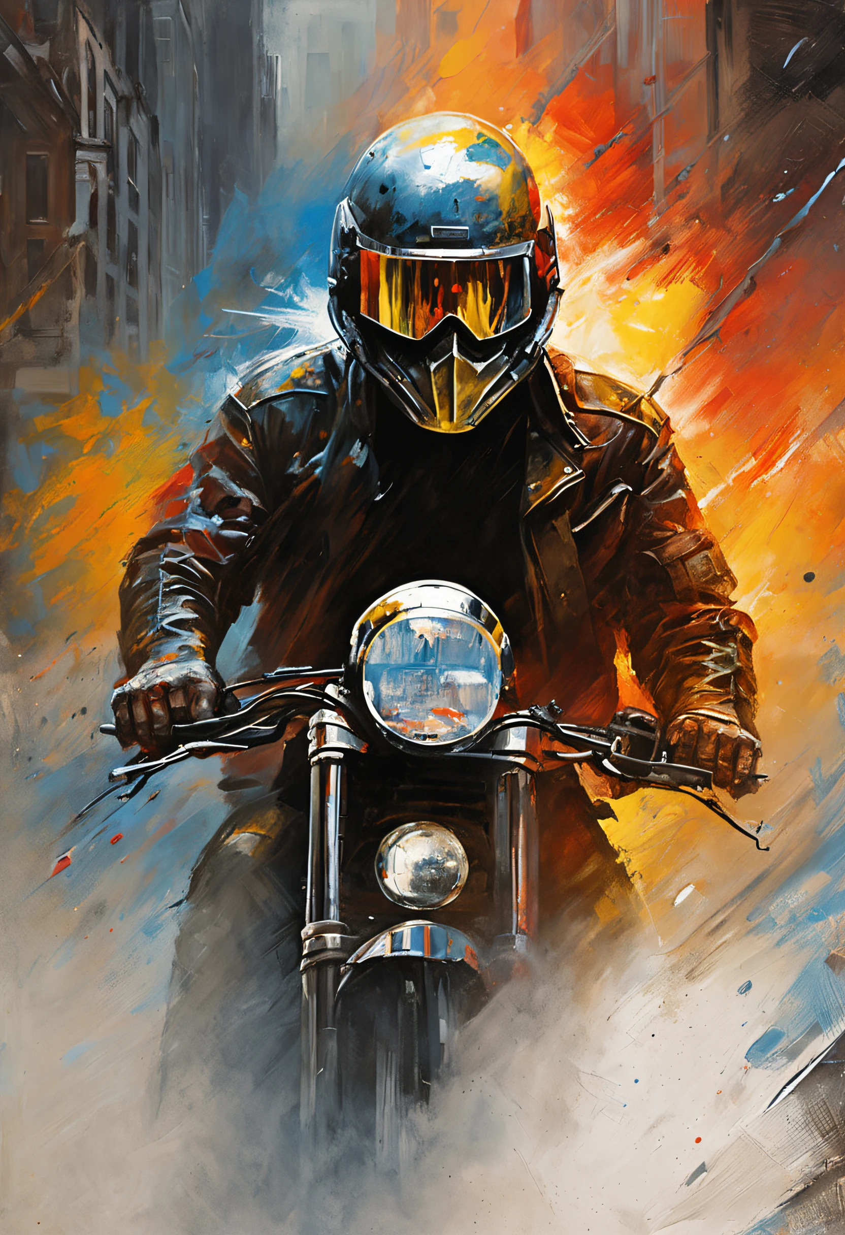 {{{Close up}}}, {Best quality}, {{Masterpiece}}, {A high resolution}, Original, Extremely detailed 8k wallpaper, A man wearing a police motorbike helmet, Terminator 2, Judgement day, science fiction writer style, adventure, mega city, grasping power