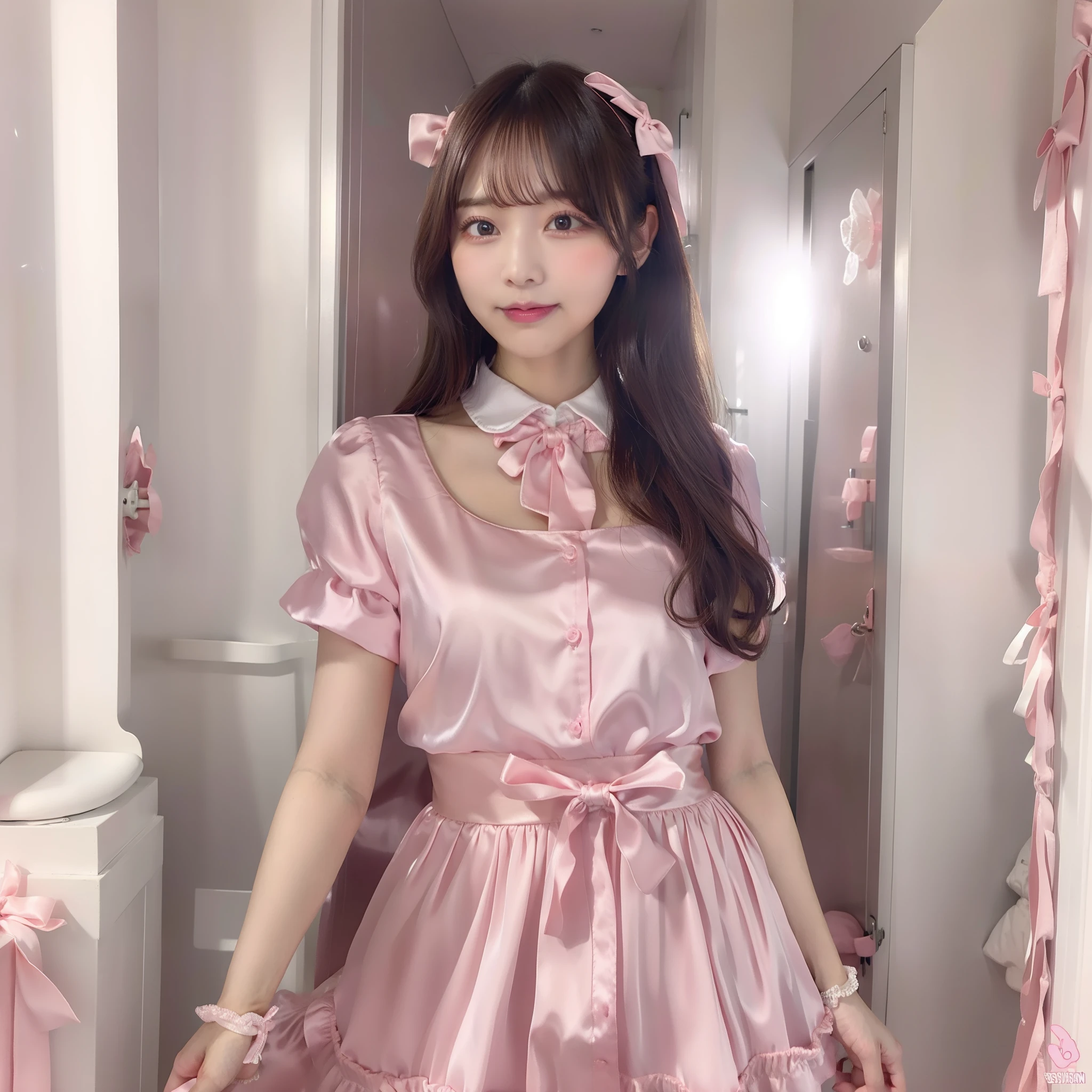 A close up of a woman in a pink dress standing in a room - SeaArt AI