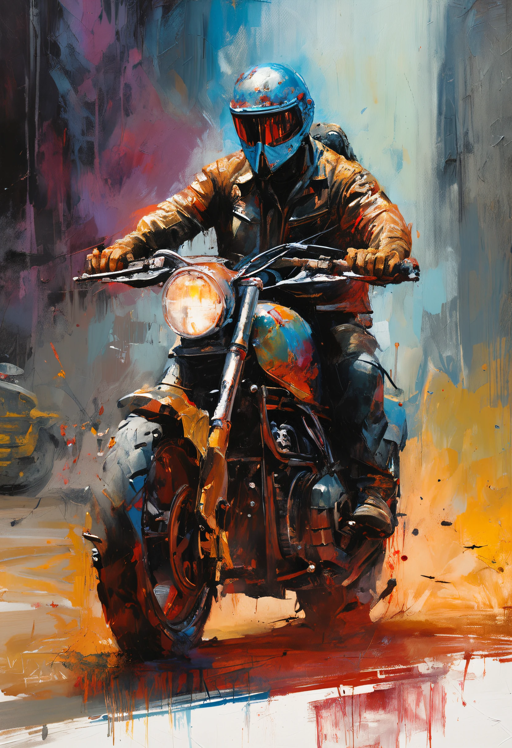 {{{Close up}}}, {Best quality}, {{Masterpiece}}, {A high resolution}, Original, Extremely detailed 8k wallpaper, A man wearing a police motorbike helmet, Terminator 2, Judgement day, science fiction writer style, adventure, mega city, grasping power