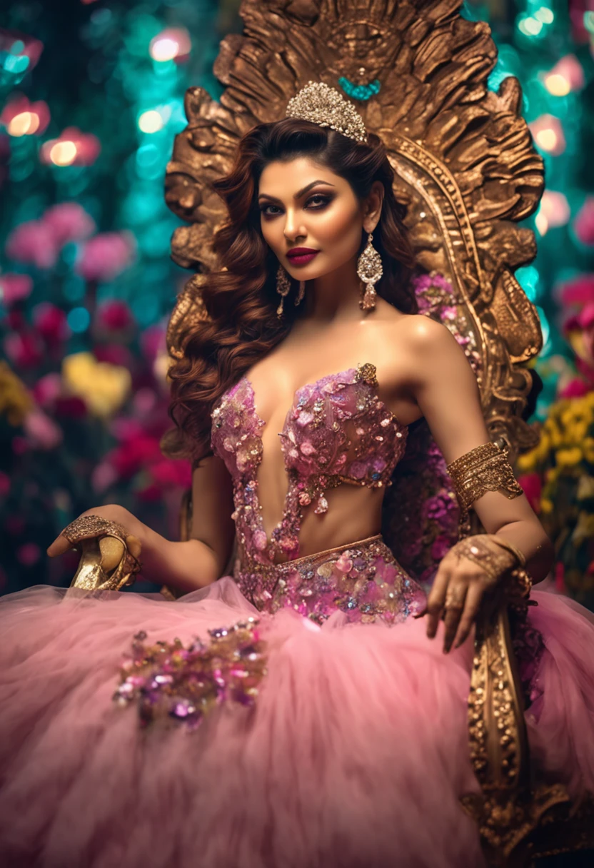 film actress urvashi rautela in a fantasy flowers garden she laying on a golden throne realistic neon eyes adah sharma wearing a sexy transparent blur lingerie curvy body huge big breast large cleavage, low lighting, colourfull, sharpen, 70mm lens, f/1.8, accent lighting, global illumination, --uplight --4, 8K