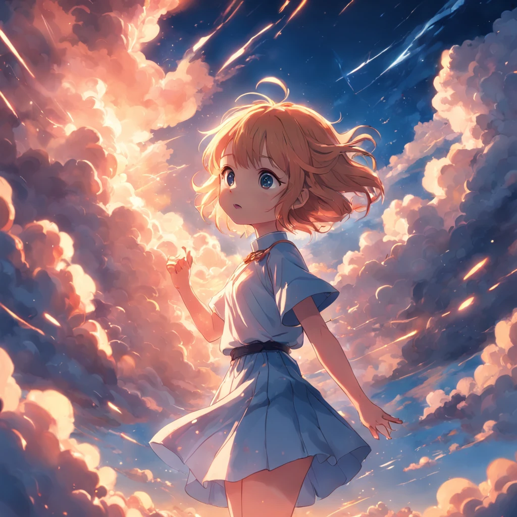 masterpiece, best quality, movie still, 1girl, cloud girl, floating in the sky, close-up, bright, happy, warm soft lighting, sunset, (sparks:0.7)
