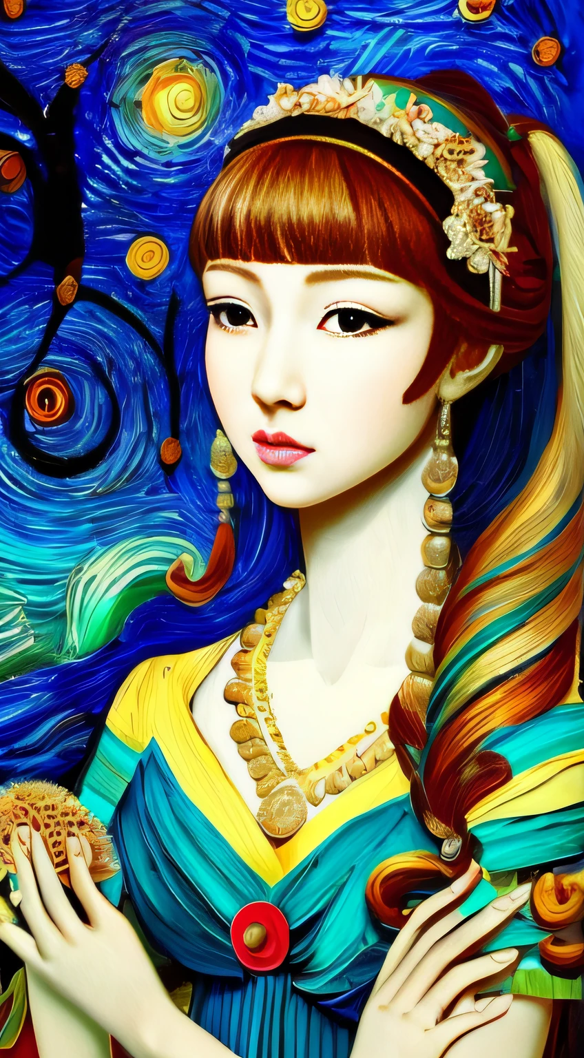 "(unity 8k wall paper、ultra-detailliert、Beautifully Aesthetic、​masterpiece、top-quality)、((Beautiful oil painting style))、masutepiece, Fractal Art、vincent van gogh style, beautiful  lighting, , Super cute 18 year old girl, perfect beautiful body, Staring straight ahead、gently smiling, (gorgeous costumes), Glittering decoration, 17th century, Baroque style"