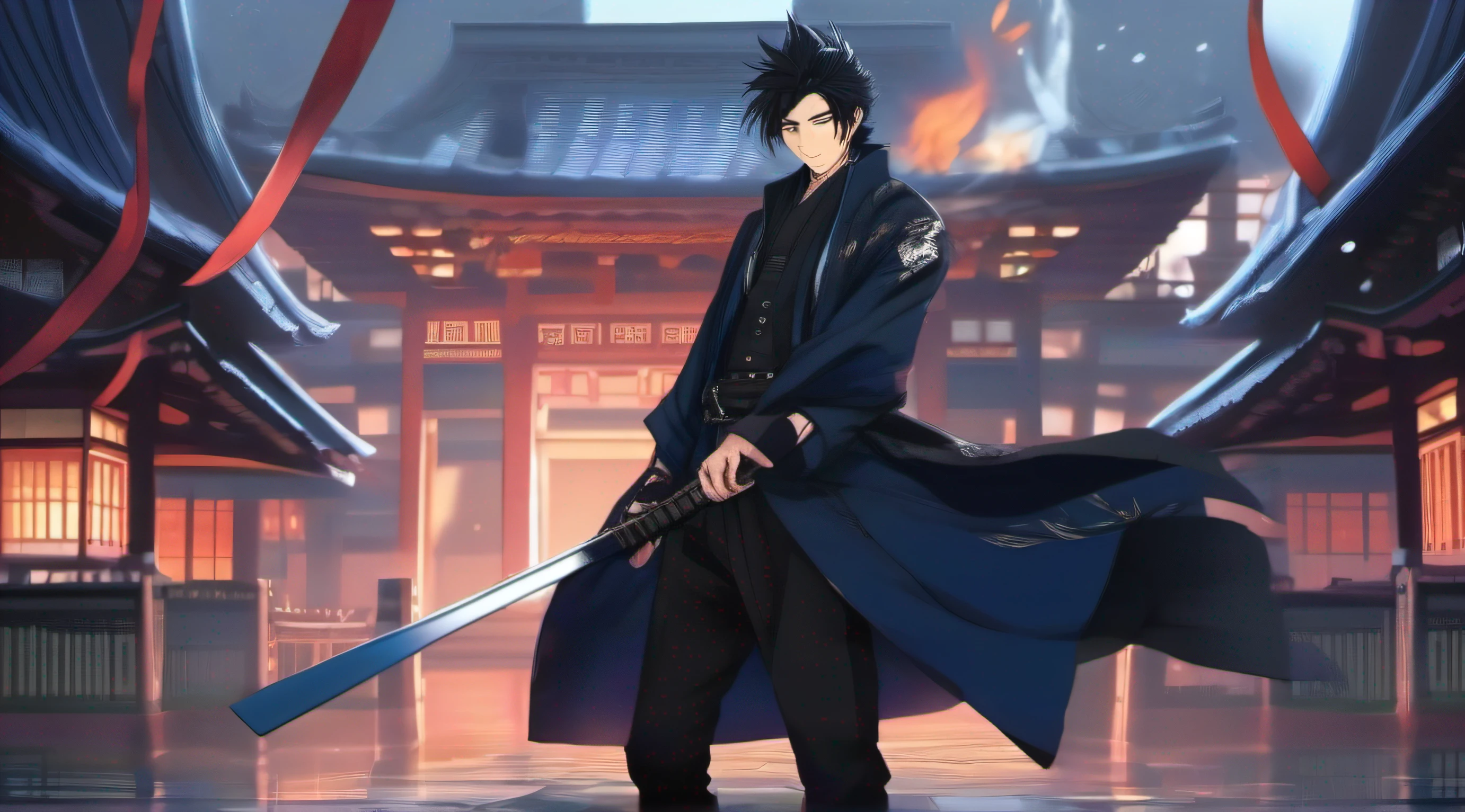 Half Japanese half Nordic man, black hair, navy blue eyes, Powers of fire, ice and wind, silver dragon amulet hanging around his neck, black gloves, black overcoat and dark blue details, flaming katana, Japanese temple, twilight,