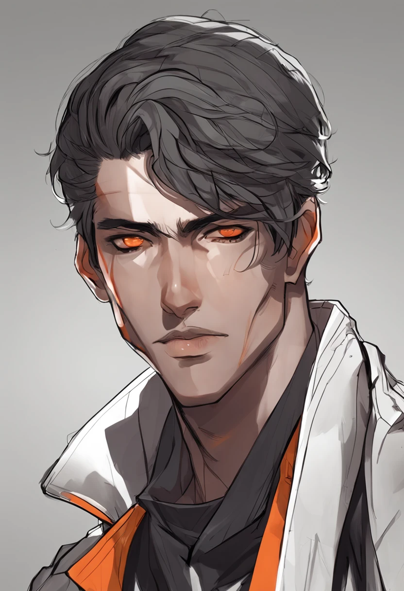 cabelo branco, olho laranja, humano, masculino, sobretudo preto, anime, pele escura