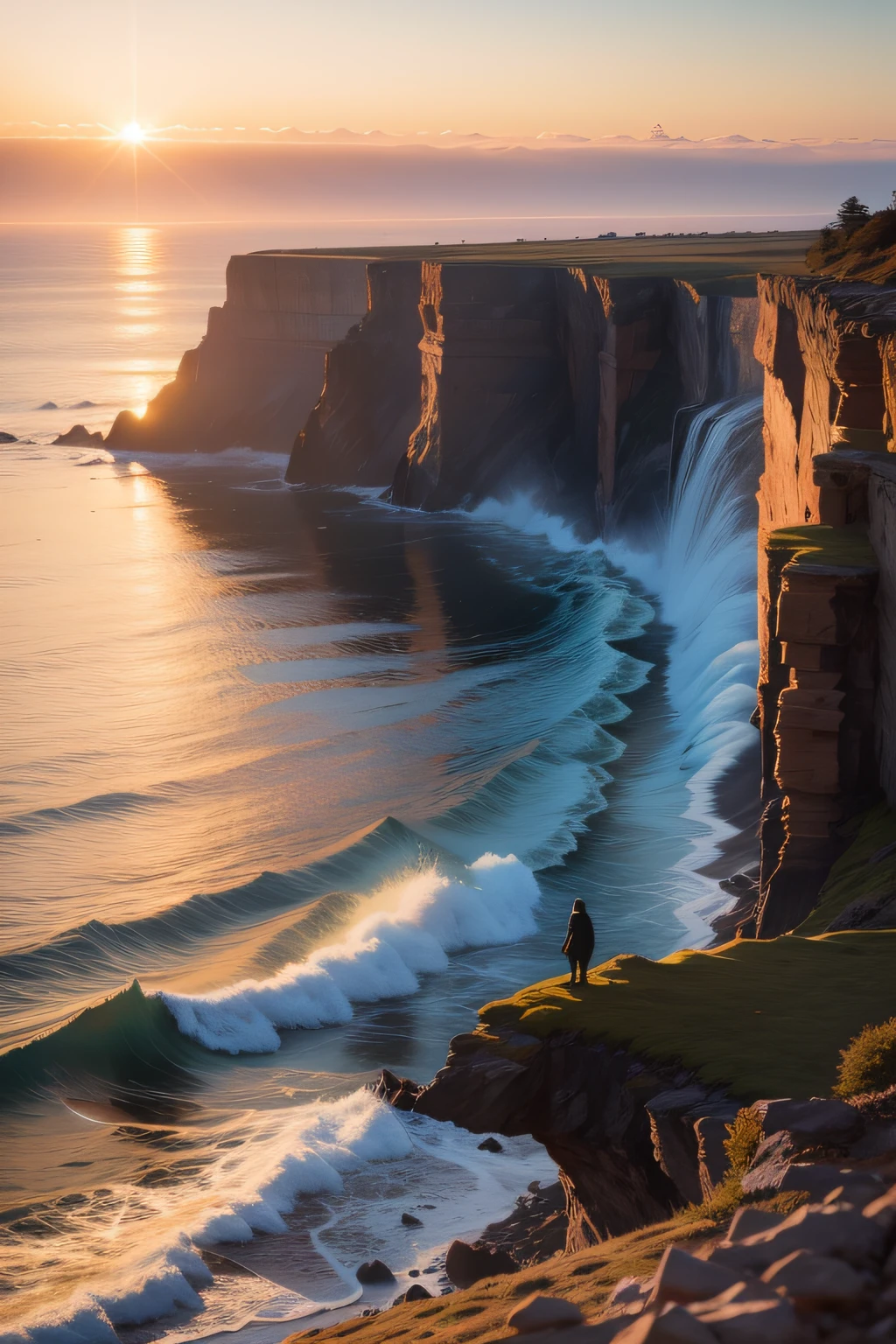 A solitary figure standing on a rugged cliff at the edge of the ocean during sunrise, waves crashing against the rocks below, the warm light painting the scene in golden hues, a sense of contemplation and tranquility in the air, Photography, shot with a wide-angle lens (24mm) at f/8, capturing the vastness of the landscape and the details in the person's expression