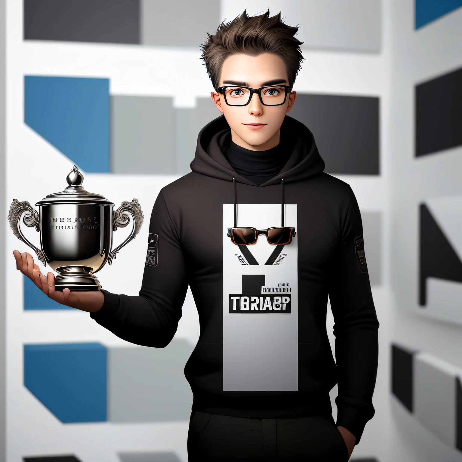 Eyewear Graphic Designer receives circular graphic design trophy as number 1 gold and holds with both hands
