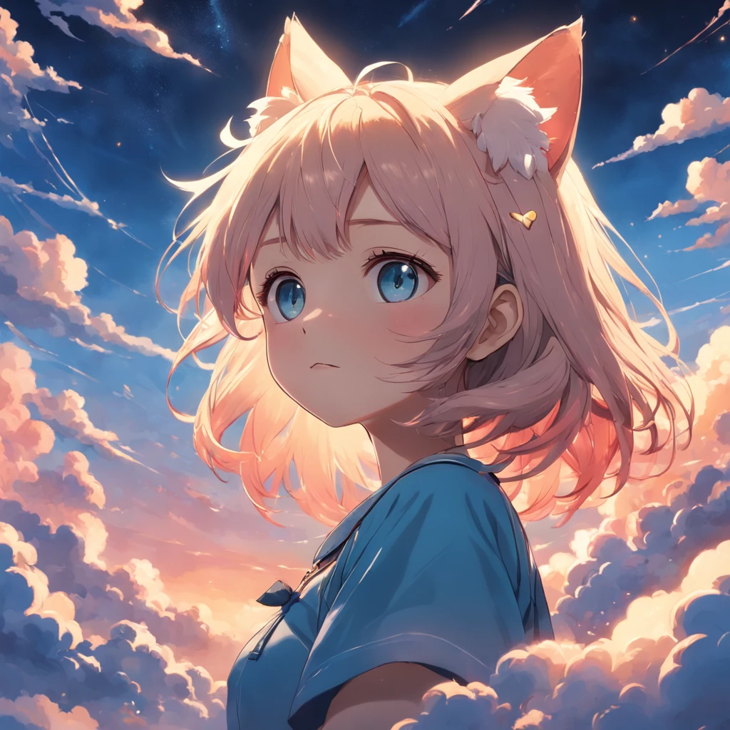 ​masterpiece、top-quality、Movie stills、1girl、Cloud Girl、Cat's ears、floating in sky、a closeup、with light glowing、happiness、Colorful colors、Warm soft lighting、the setting sun、(Spark:0.7)