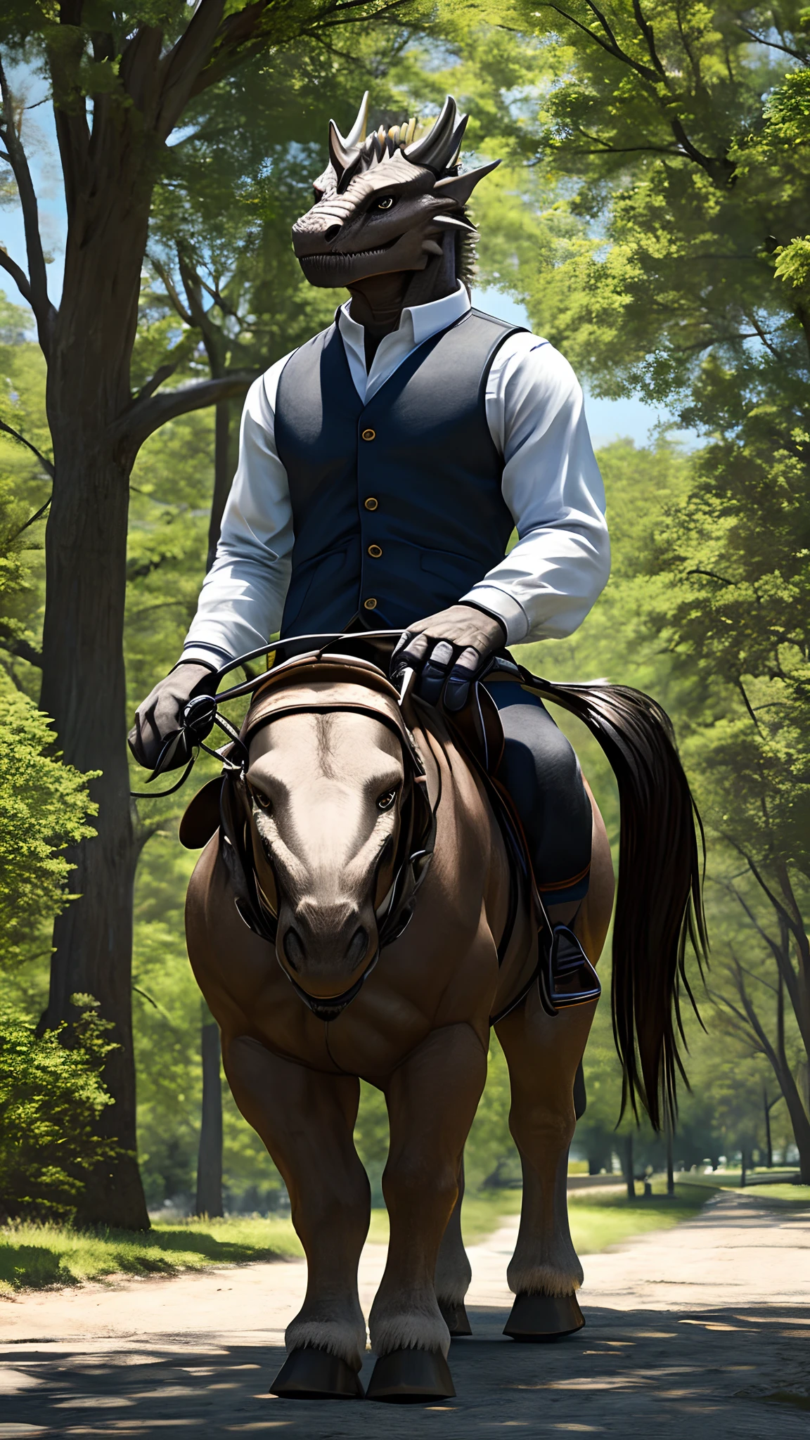 Bionic robot dragon,male,Gilet blanc,white panties,Horseback riding in the park,HD graphics,Detailed and realistic,high detal,high qulity,photo-realistic,photorealistic eye,Detailed paws,Clear eyes,Masterpiece artwork