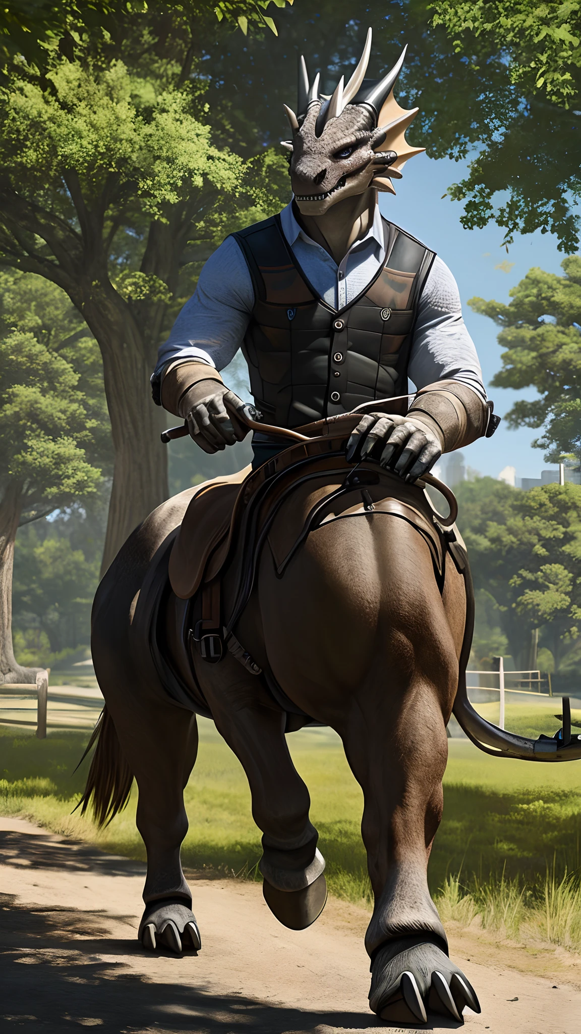 Bionic robot dragon,male,Gilet blanc,white panties,Horseback riding in the park,HD graphics,Detailed and realistic,high detal,high qulity,photo-realistic,photorealistic eye,Detailed paws,Clear eyes,Masterpiece artwork