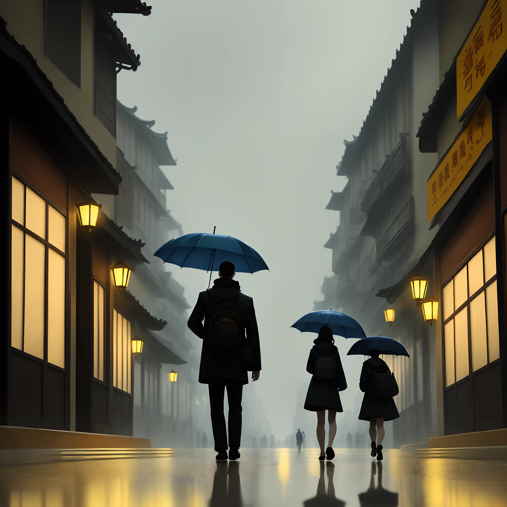 Since then, the smoke and rain have fallen into the golden city,One person holds an umbrella and two people walk。pixal style