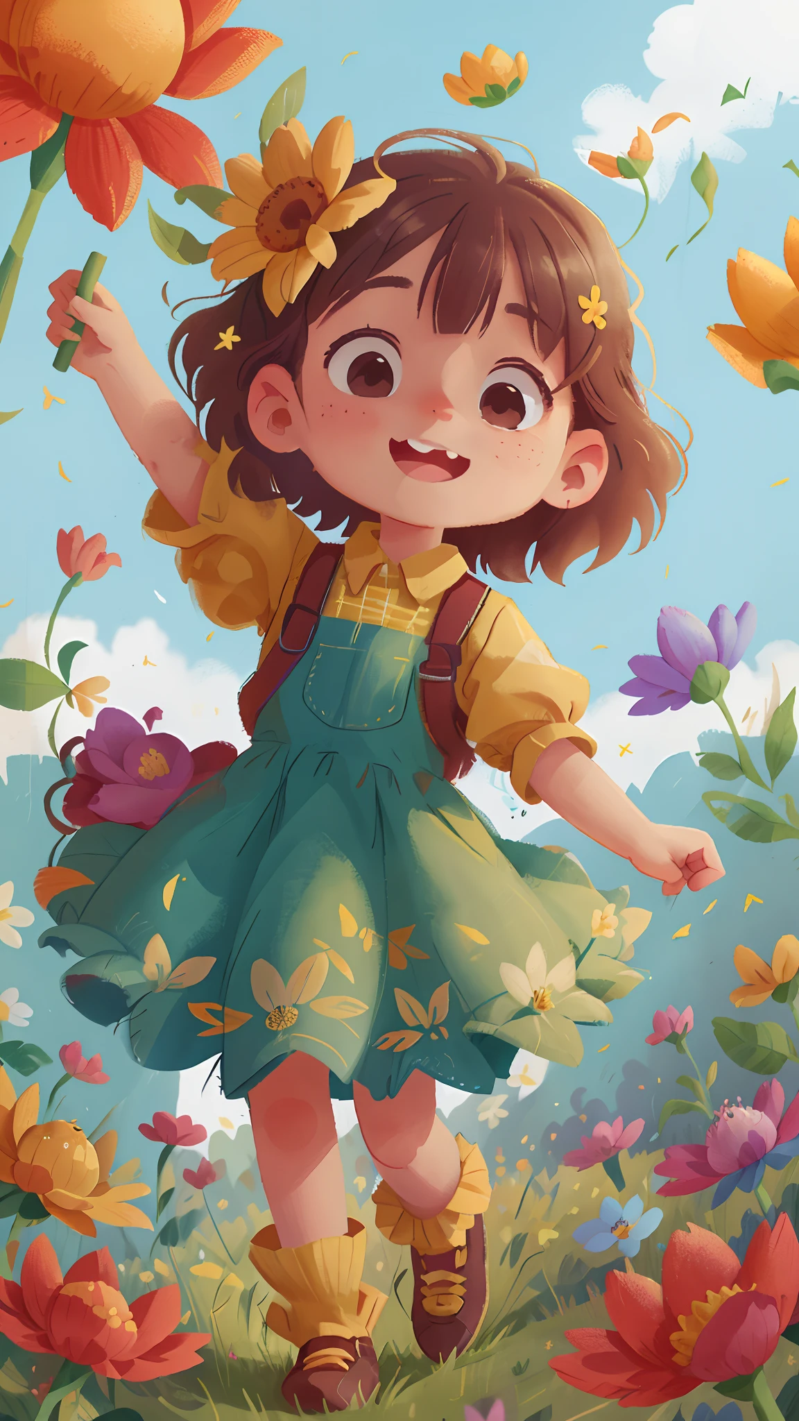 A girl holding flowers, colorful balloons floating in the sky, meadow, dancing, holding flowers, happy, happy, perfect quality, clear focus (clutter-home: 0.8), (masterpiece: 1.2) (Realistic: 1.2) (Bokeh) (Best quality) (Detailed skin: 1.3) (Intricate details) (8K) (Detail Eyes) (Sharp Focus), (Happy)