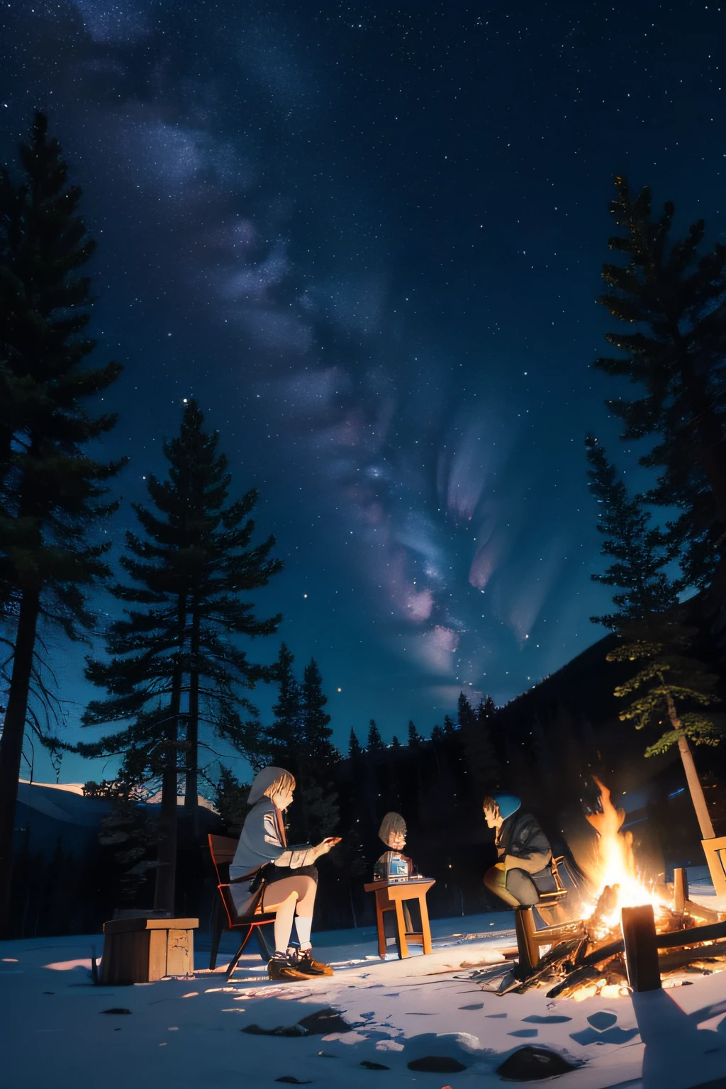 4a person、ami、camp、bonfire、Looking at the starry sky、Winters、low angles、Starry sky、Frolicking、animesque、Beautiful men and women、Aurora、deers