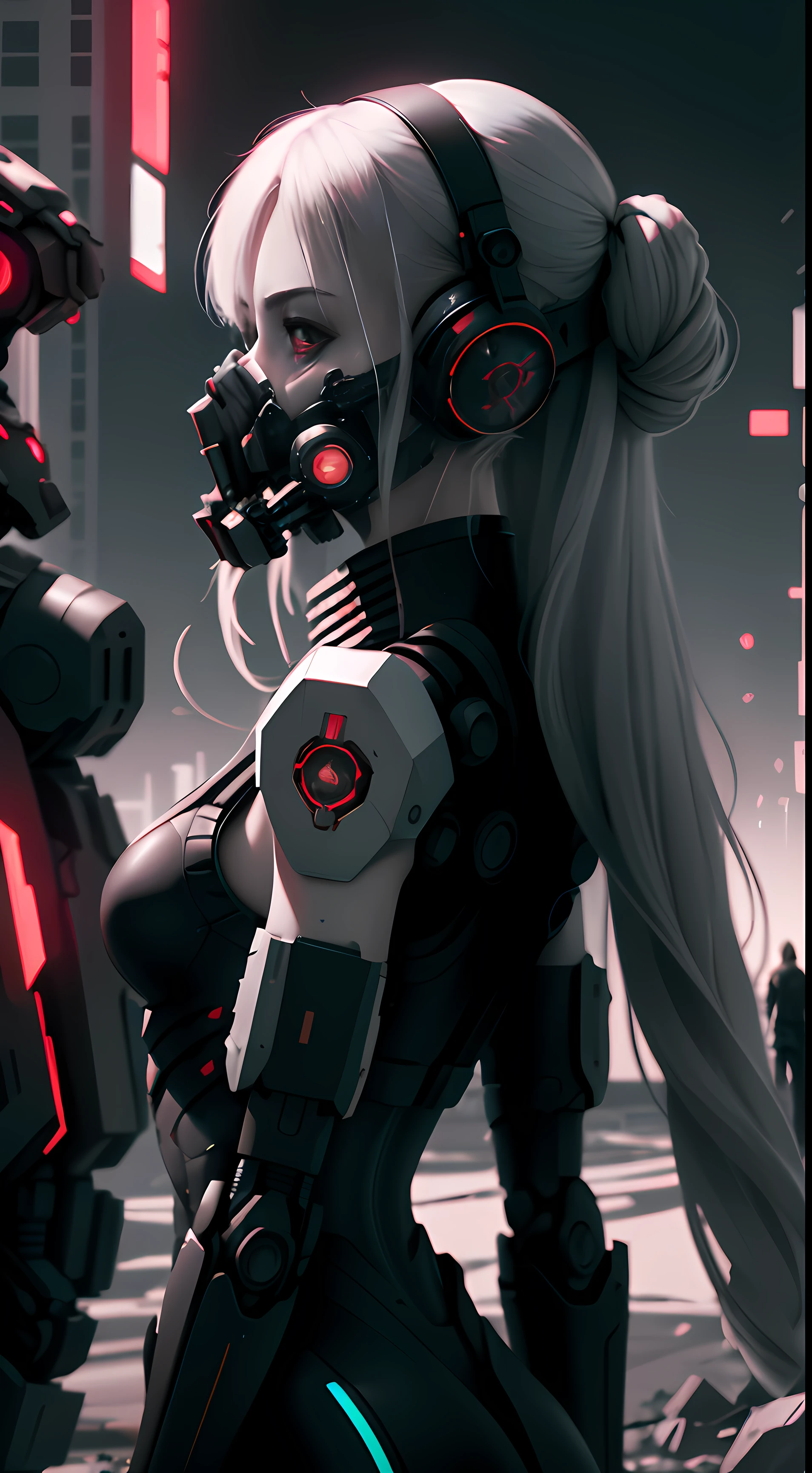 This is a hyper-detail、High resolution and top quality CG Unity 8k wallpaper，The style is cyberpunk，Mainly black and red。A girl with long white hair appears in the picture，s delicate face，Wear a mecha mask，standing on ruins，Behind him is a huge robot，Cthulhu style，