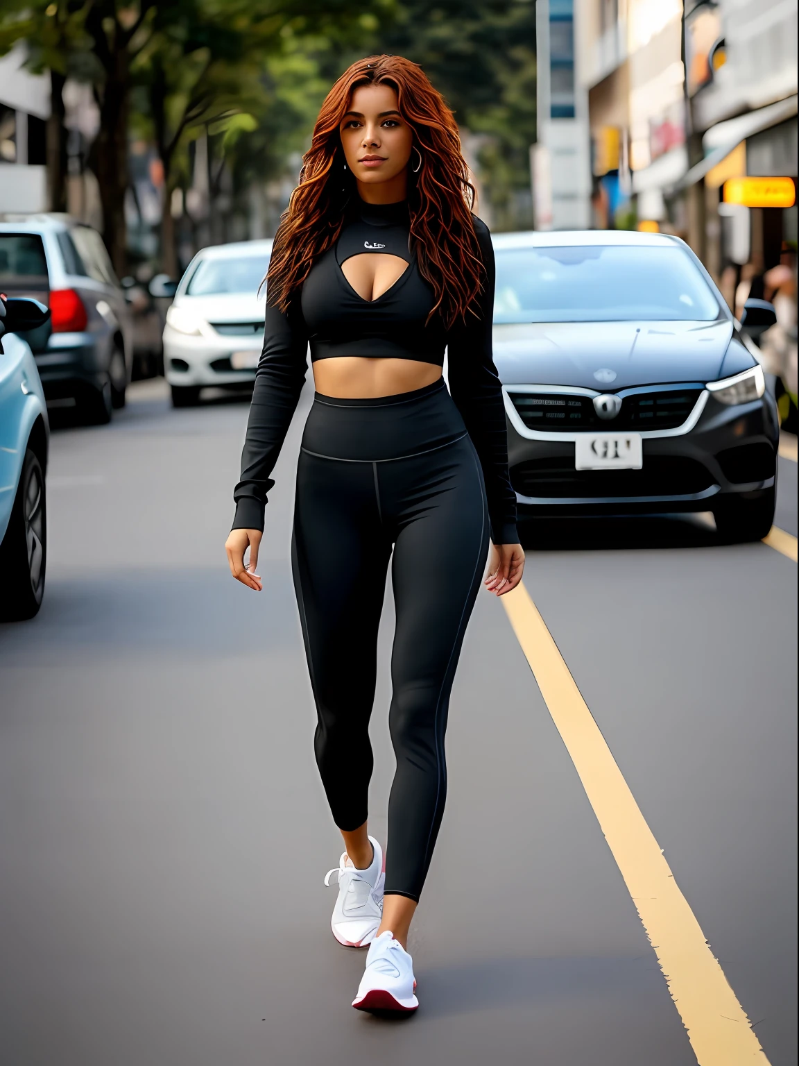 Crie uma imagem ultrarrealista de uma mulher ruiva caminhando por uma rua movimentada. The woman has her back to the camera, e parece que a foto foi tirada de surpresa, in the manner of a paparazzi. Her red, wavy hair flows freely to the middle of her back. Ela veste uma legging preta justa e um top preto, and his defined and muscular body suggests many hours of physical training. On the feet, She wears sports shoes. In your right hand, segura firmemente um iPhone. Ao redor dela, The hustle and bustle of the city is palpable with people passing by, cars and possibly some street trade. A mulher, apesar de parecer estar em movimento, se destaca claramente, como o principal foco da imagem.