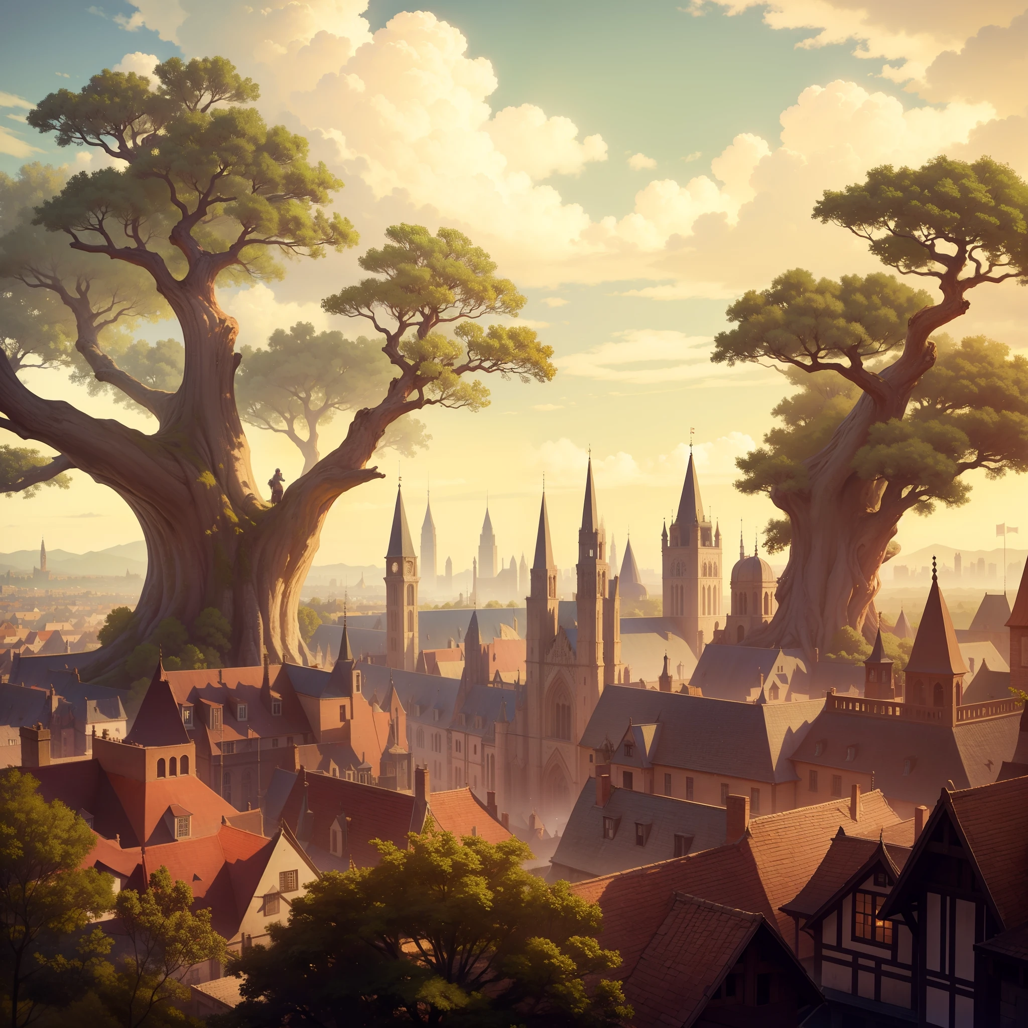 view of a medieval city with several huge trees around it, estilo ART digital