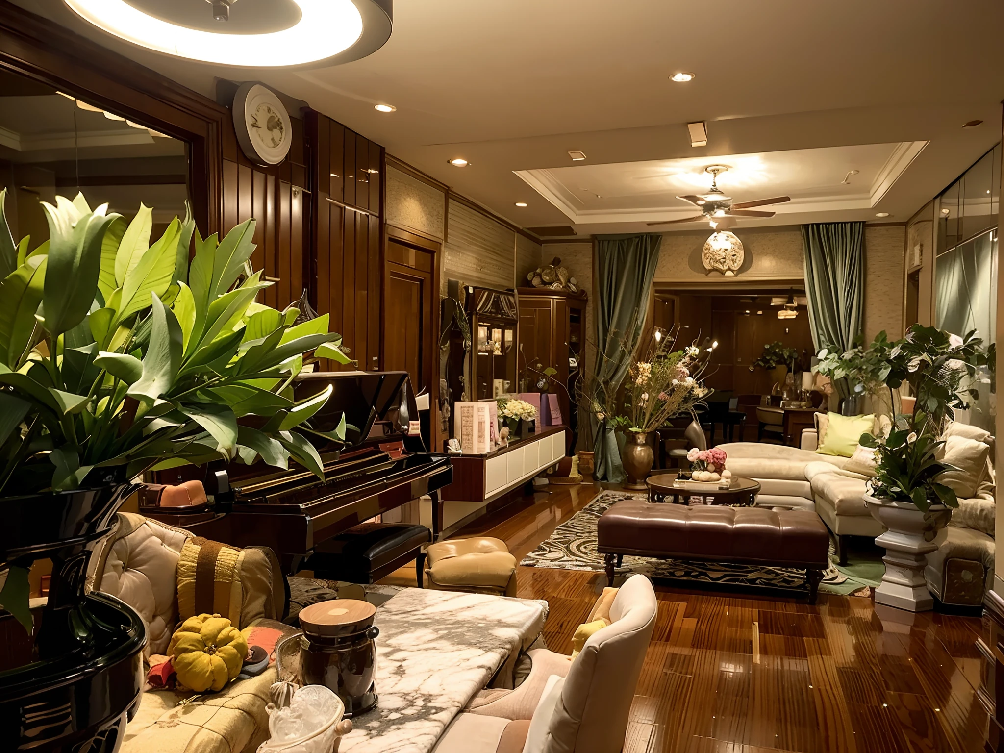 there is a living room with a piano and a piano in it, fancy apartment, luxurious environment, living room, lavishly decorated, interior living room, well - decorated, peaceful environment, majestic masterpiece, full room view, living room interior, extreme quality masterpiece, masterpiece work of art, professional unique masterpiece, taken with canon 8 0 d, elegant and extremely ornamental