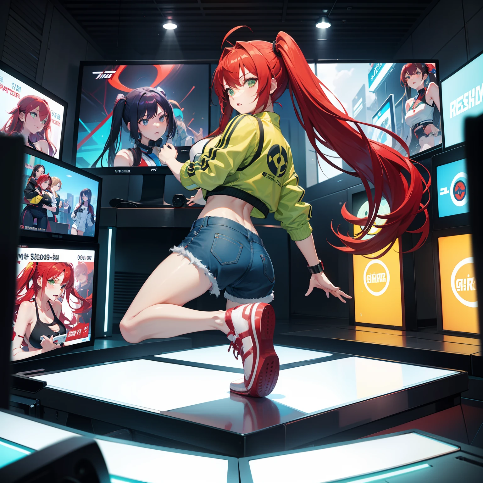 Full body shot, female asian Irina Shidou red hair twintails green eyes, in a game arcade, wearing a bomber jacket and crop top and denim shorts, playing on a playstation console on a big screen tv, side shot, back shot, shot from backside, behind shot, masterpiece, highly detailed