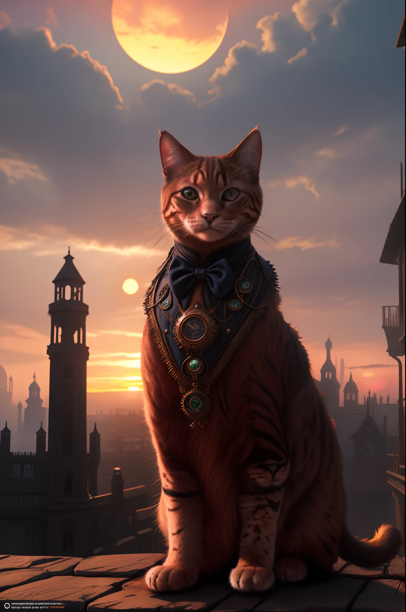 Steampunk realistic cat with fancy Victorian attire, set against a hyper detailed Gothic sunset background by Greg Rutkovski, enhanced with unreal engine rendering, showcasing mesmerizing volumetric lighting