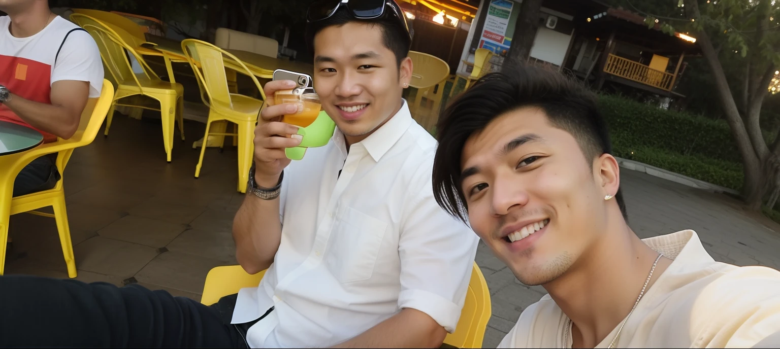there are two men sitting at a table with a yellow chair, selfie photo, taken on go pro hero8, with sunset, candid picture, high quality upload, with godray, low quality photo, hidari and vlop, during sunset, very very low quality picture, non blurry, taken with the best dlsr camera, selfie, with wart