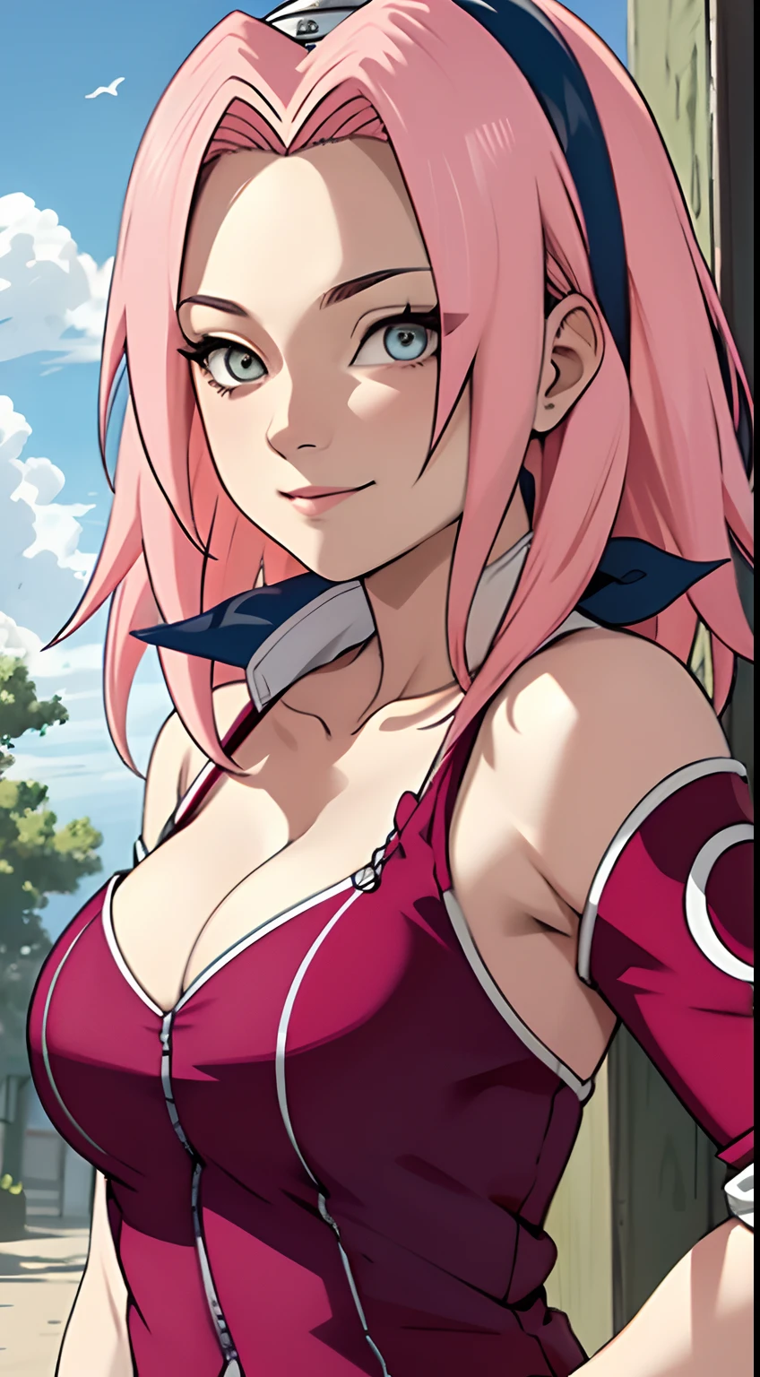 tmasterpiece, Best quality at best, 1girll, Sakura Haruno, Large breasts,Off-the-shoulder attire,(cleavage),(upper body closeup),(low angle), Raised sexy,is shy,with pink hair, long pink hair, greene eyes, Forehead protection, smile, both hands on hip, blue-sky, Clouds, Hidden village